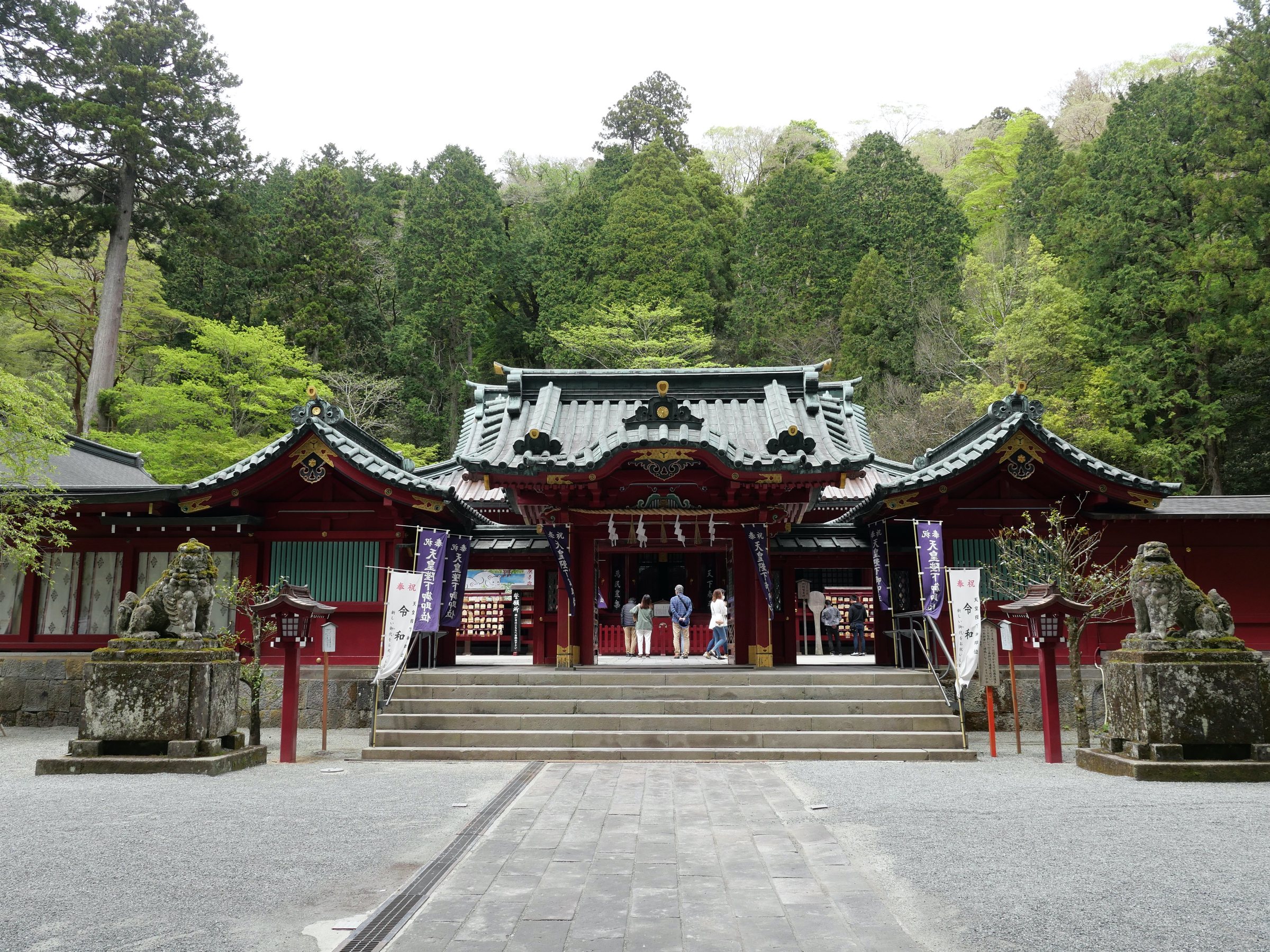 The shrine's main hall in the cedar forest.