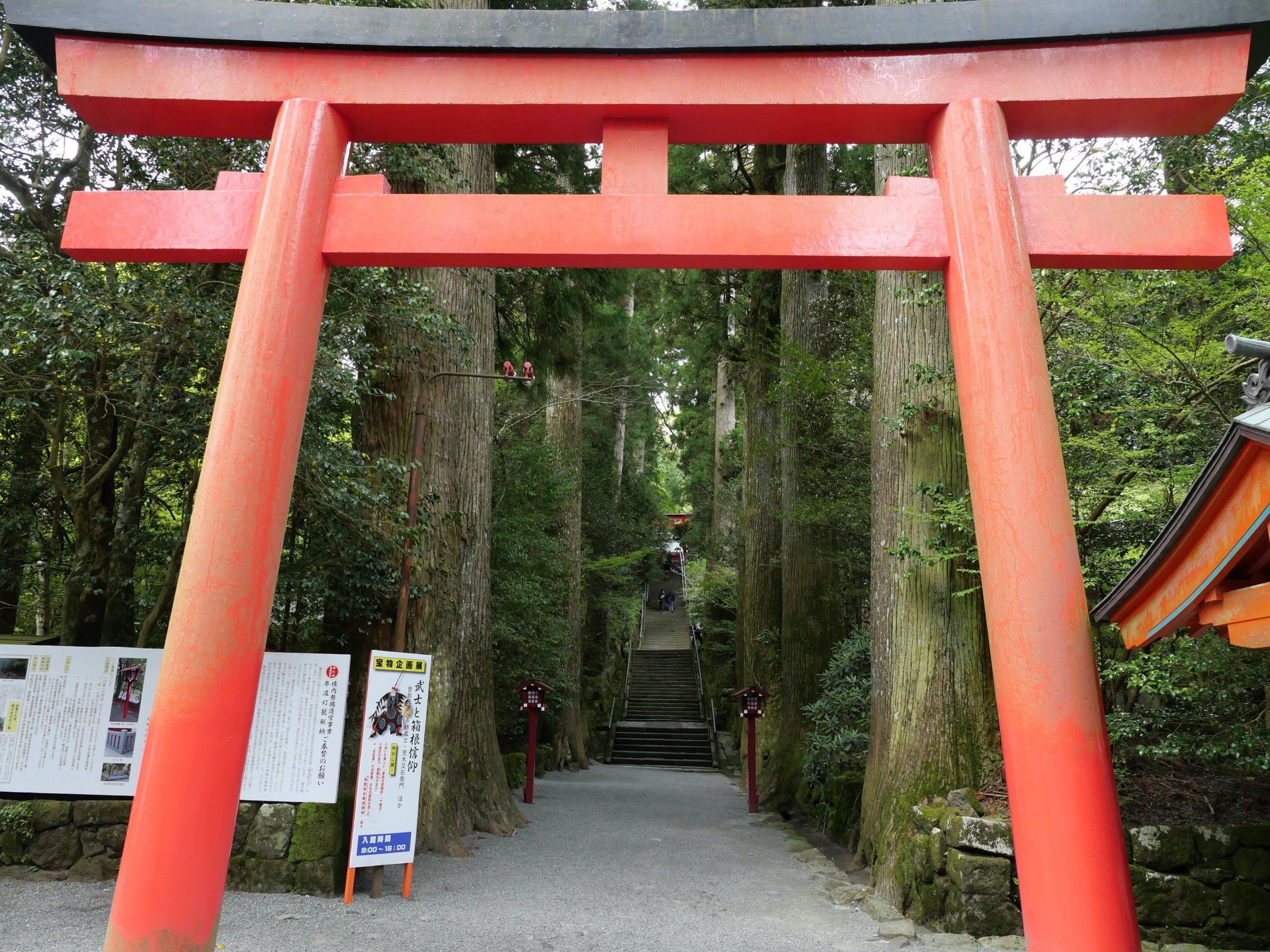 The vermilion torii of Hakone Shrine.