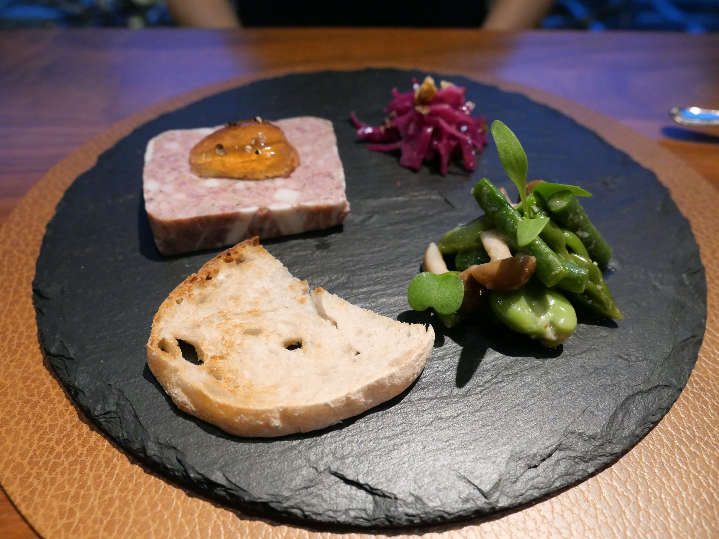 Terrine of Sanroku pork and shamo chicken.
