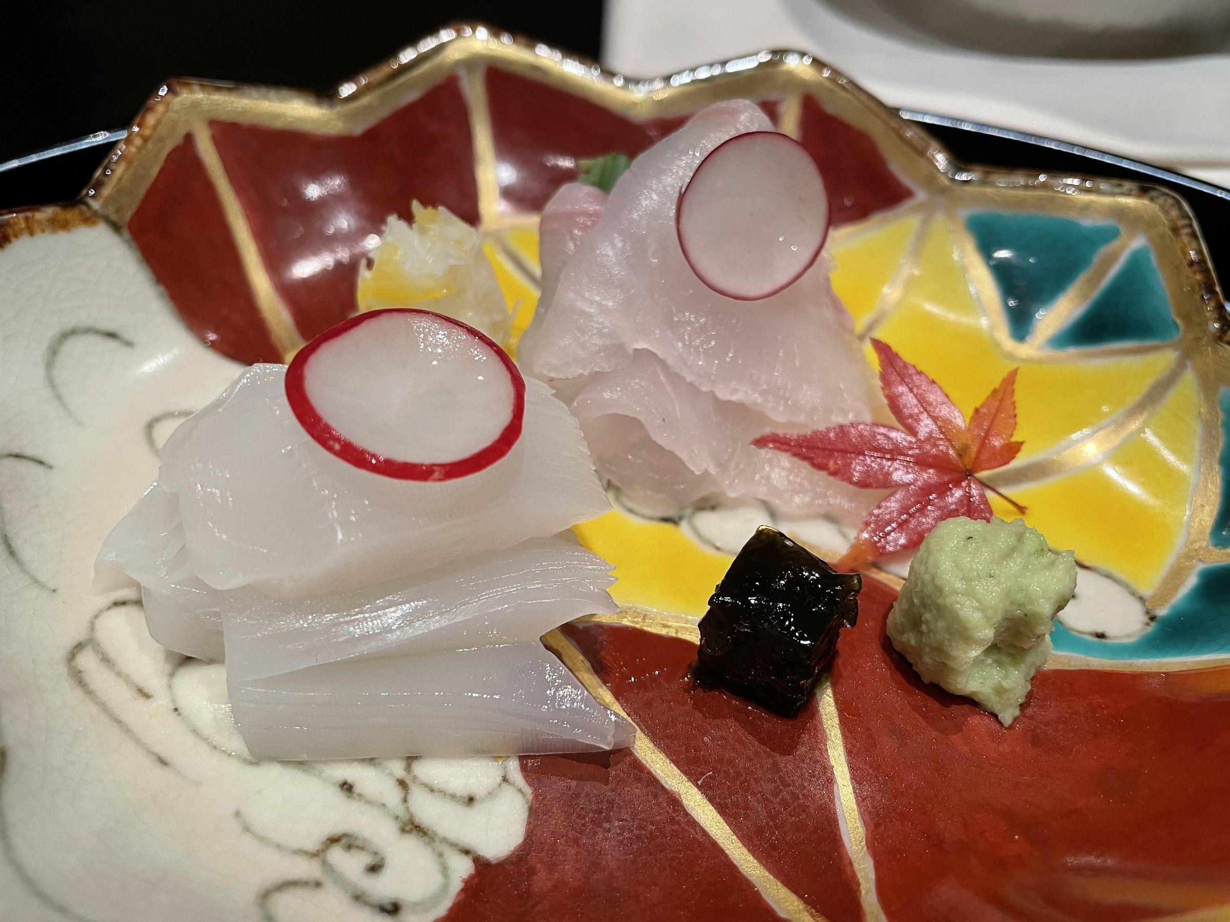 Kombu-cured spear squid and sea bream, with seaweed tsukudani and fresh wasabi.