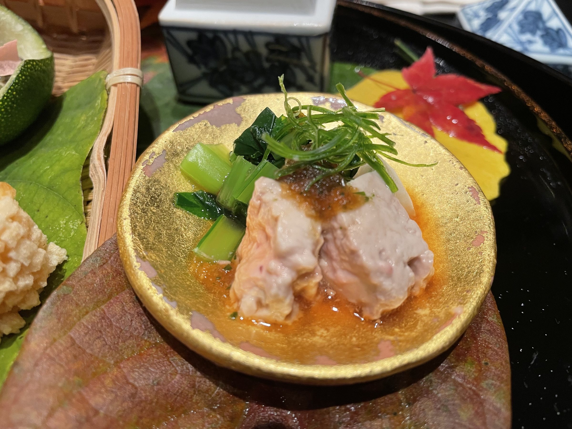 Monkfish liver in the gold dish.