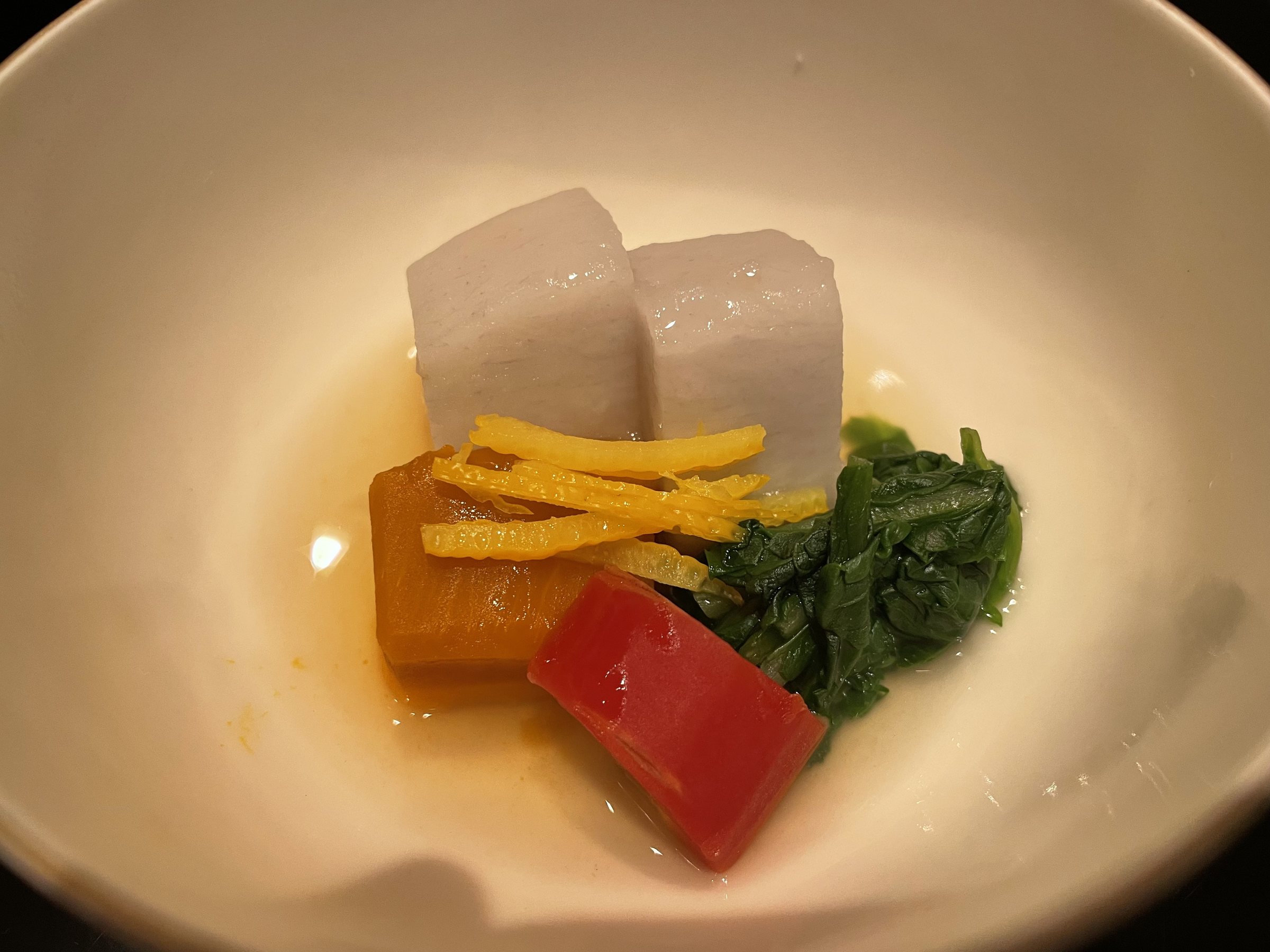 Takiawase: taro, Kyoto carrot, greens and kabocha.