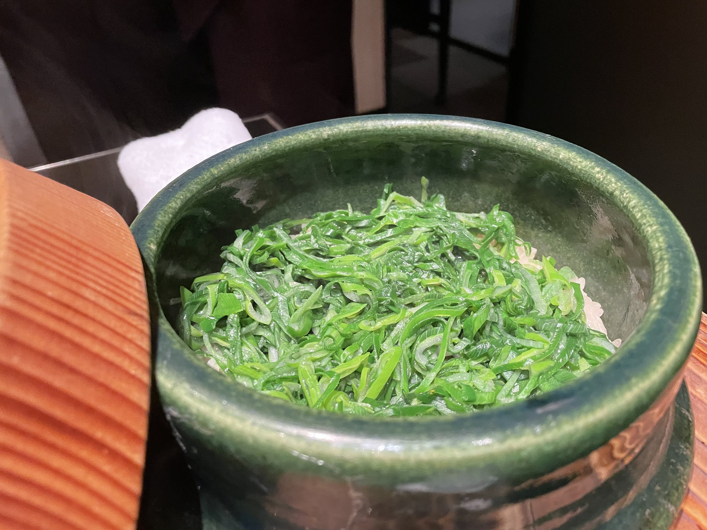 Rice cooked with Kujo leek, served from the donabe.