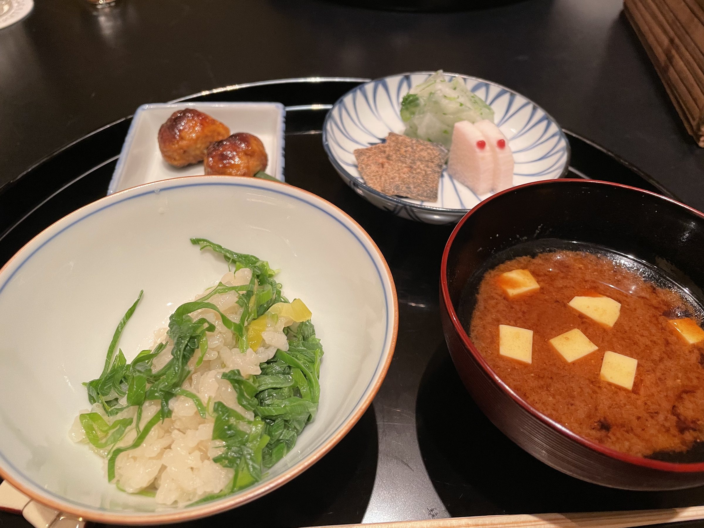 Rice, red miso soup and Kyoto pickles, with the duck tsumire.