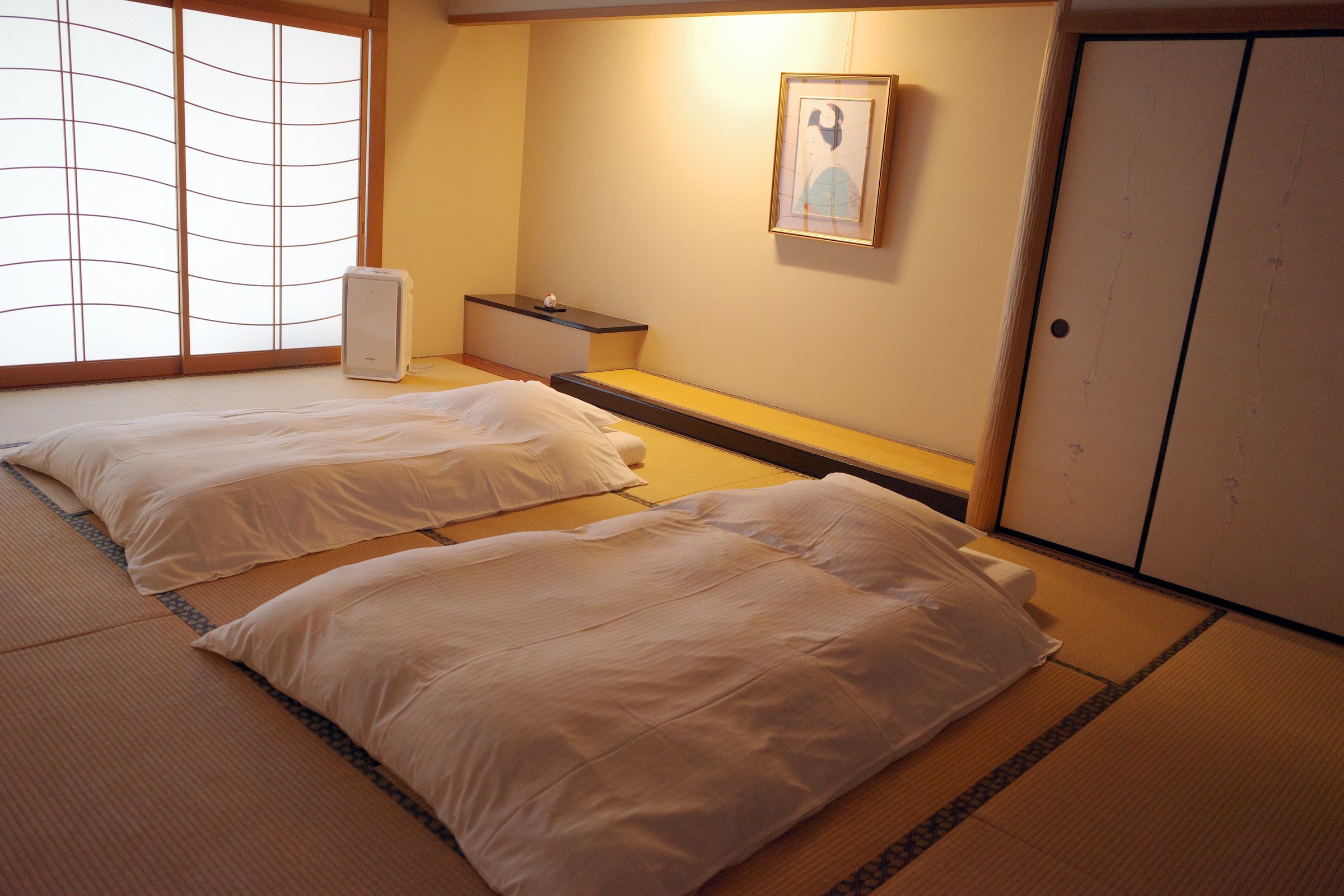 The tatami bedroom, with futons already laid out.