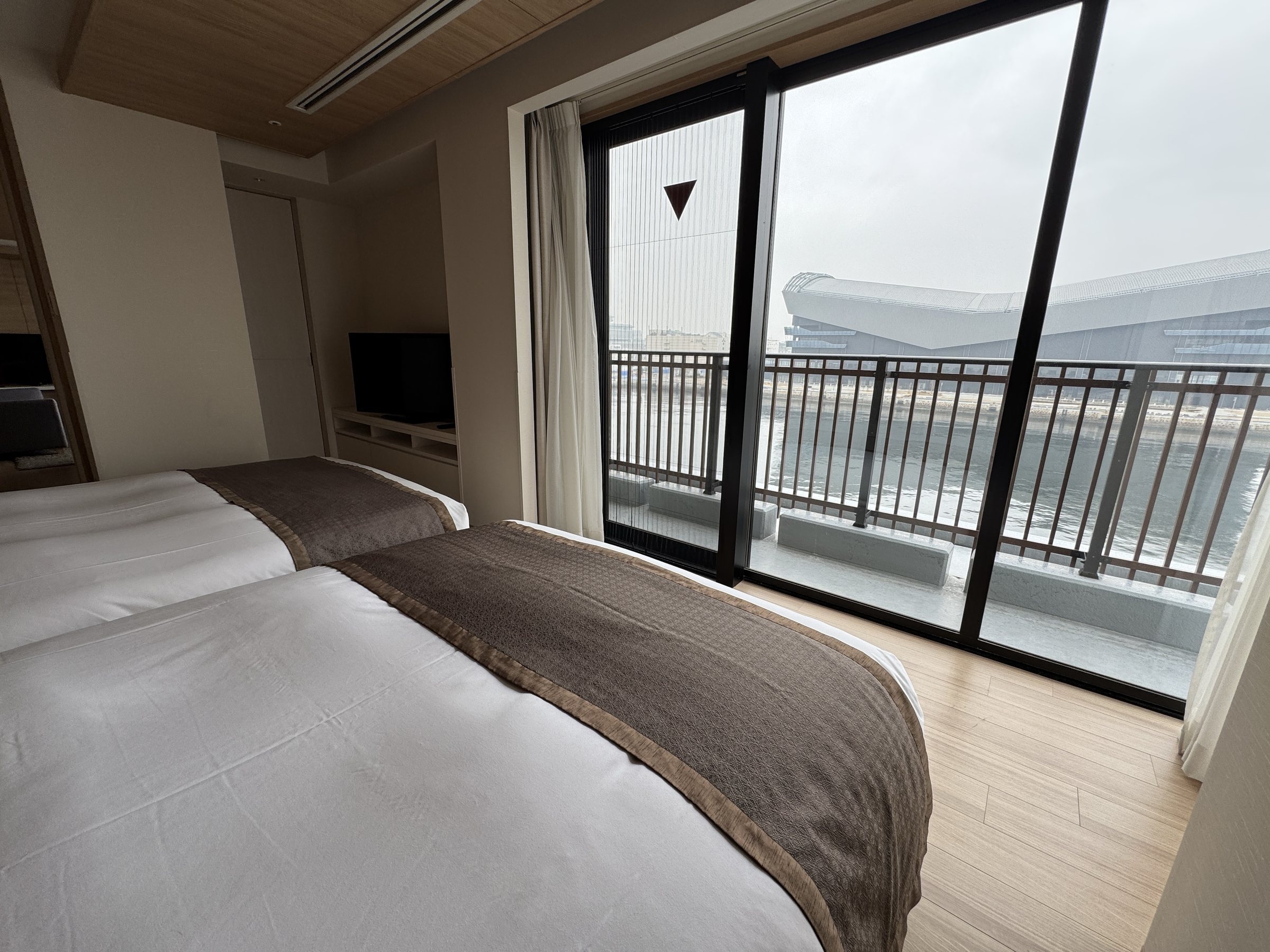 The bedroom window, with the arena beyond.