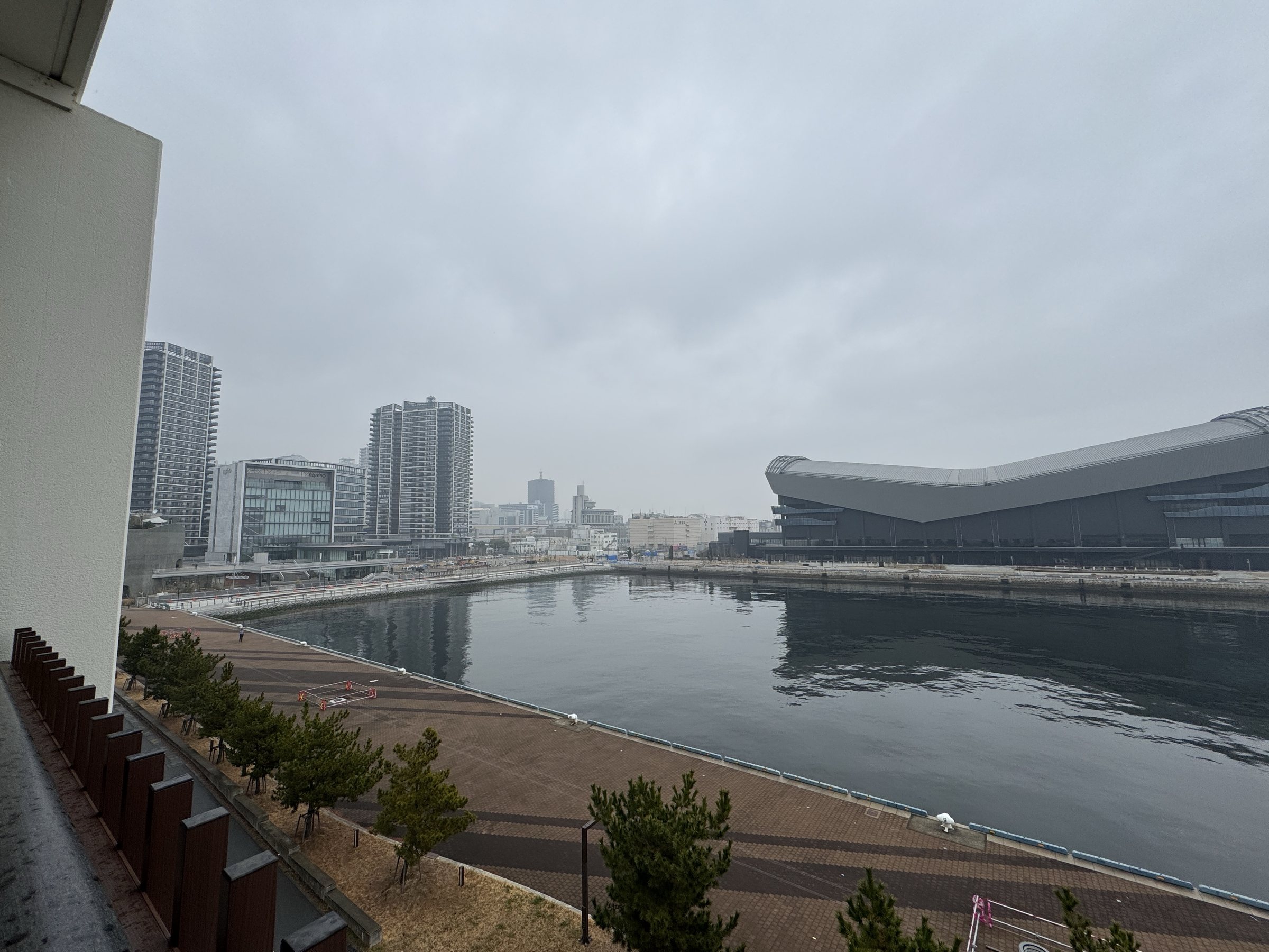The harbor and the arena from the balcony, on a gray day.