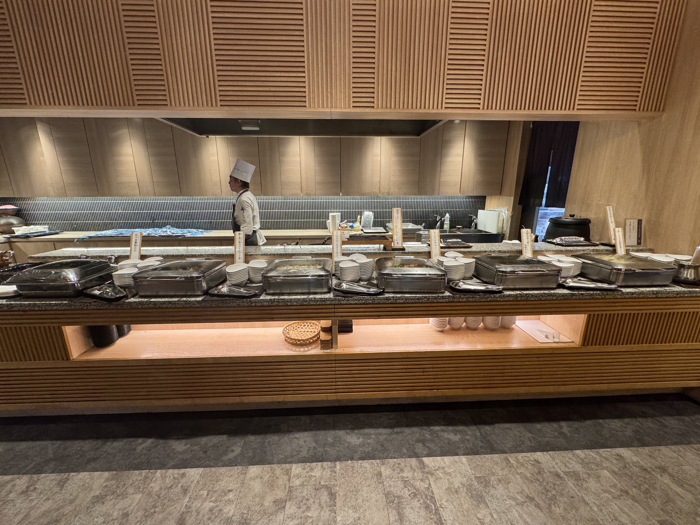 The open kitchen behind the buffet counters.