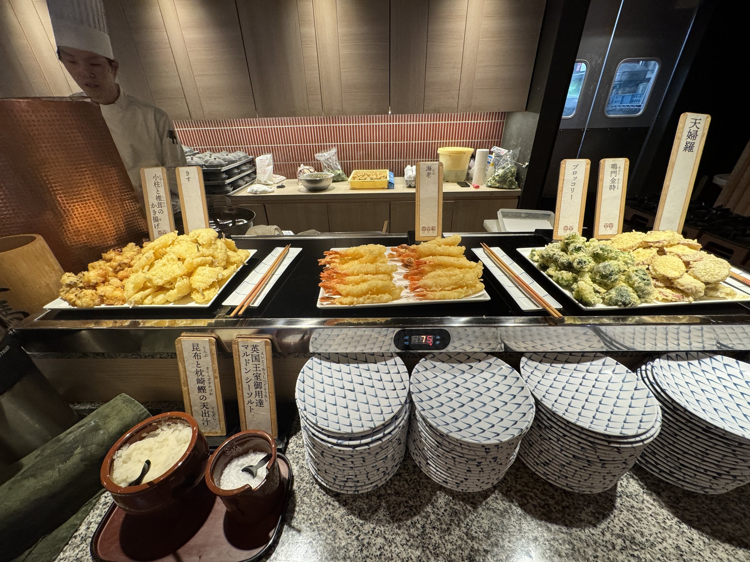 Tempura, salads and more on the buffet.