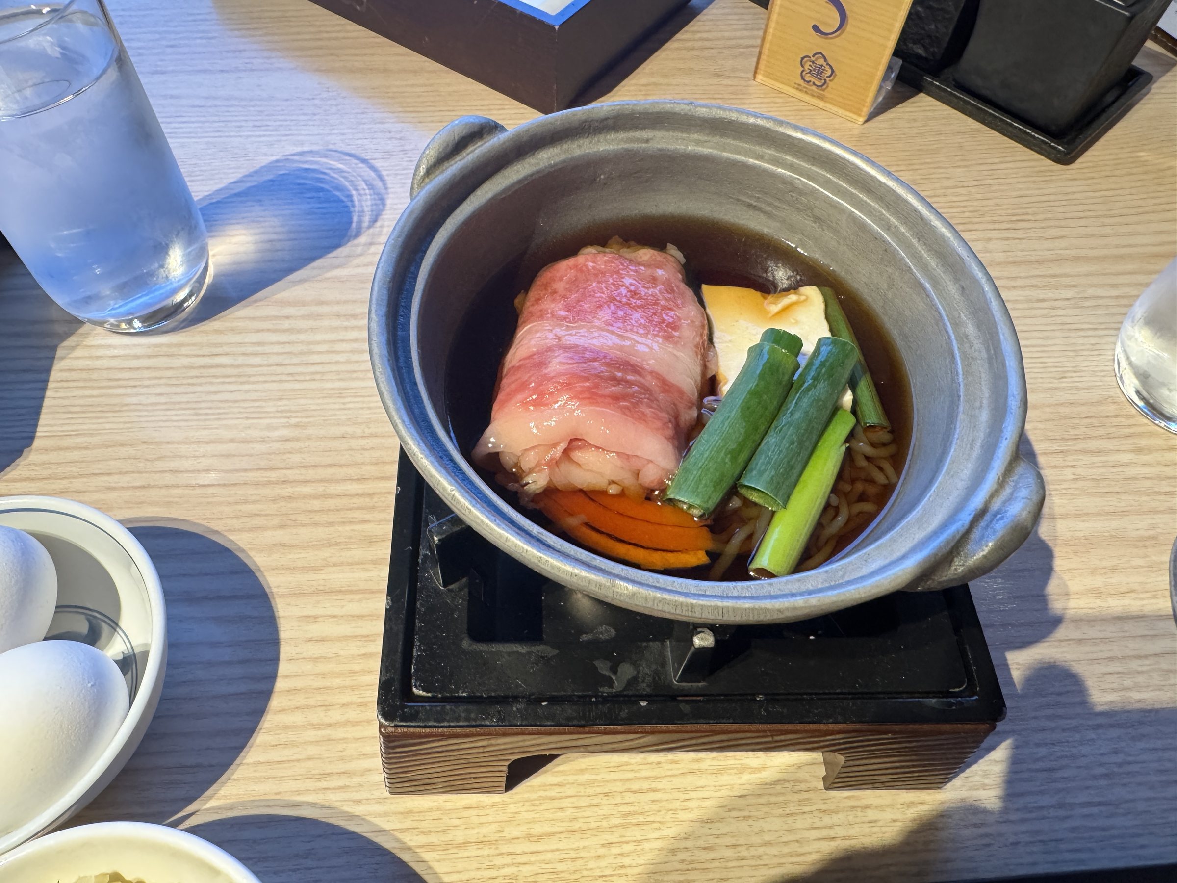 Kobe beef sukiyaki in its pot.