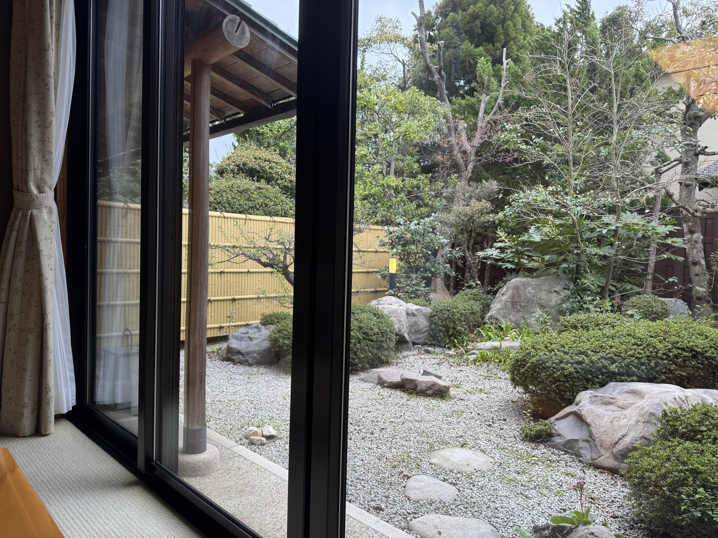 The courtyard garden: rocks, clipped shrubs and a bamboo fence.