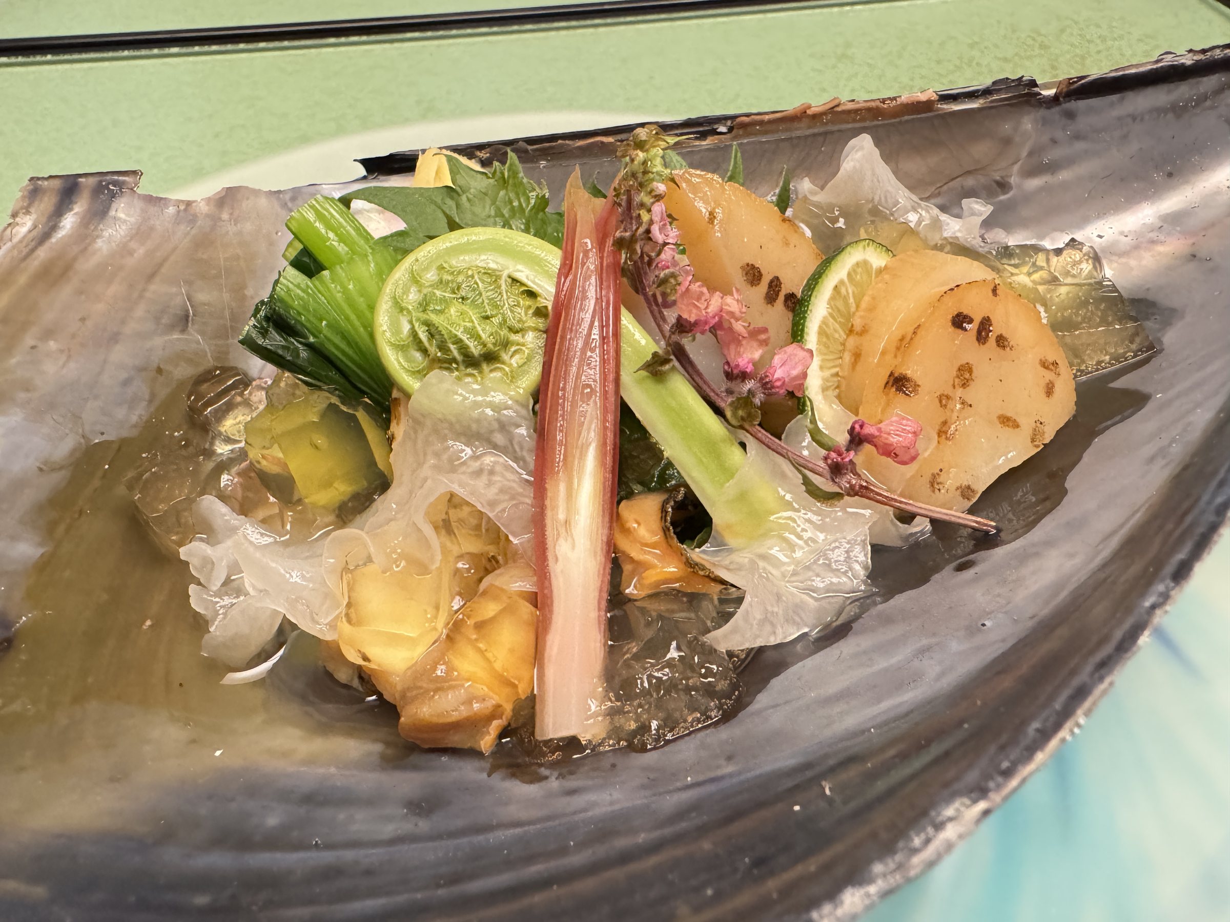 A vinegared dish of pen shell, fiddleheads and myoga in a large shell, under jelly.