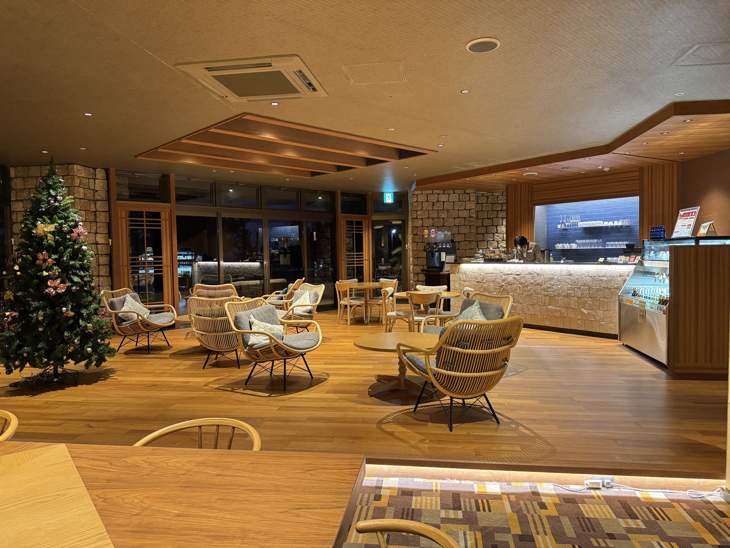 The lounge in the evening, with the Christmas tree.