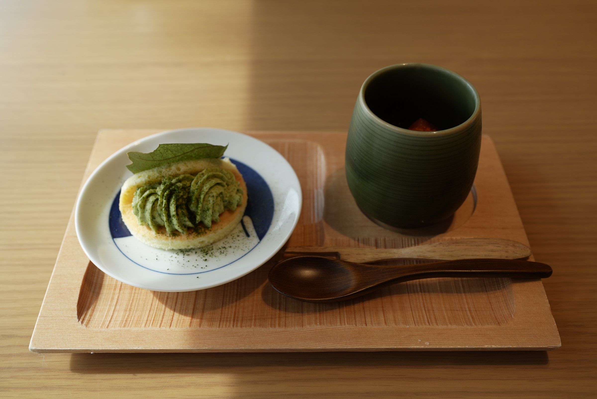 The new-tea omelet cake, with a cup of watermelon soup.