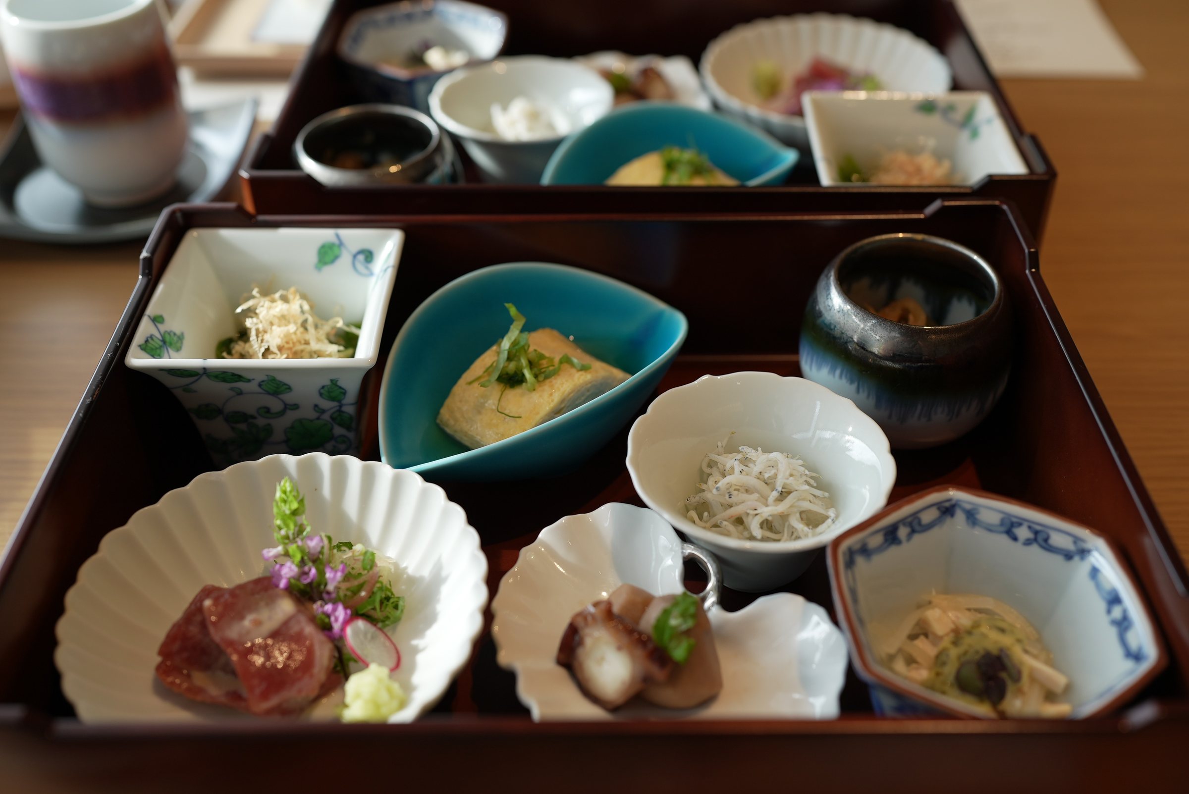 The obanzai box: tuna, octopus, omelet, whitebait and more.