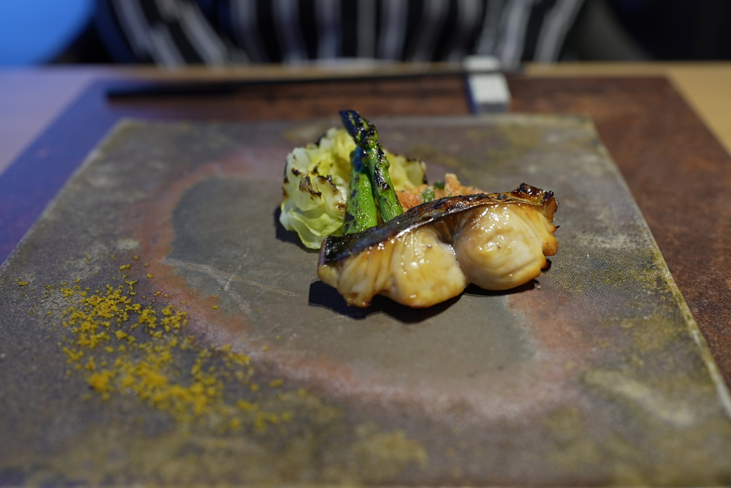 Sawara, glazed and grilled, with spring cabbage and asparagus.