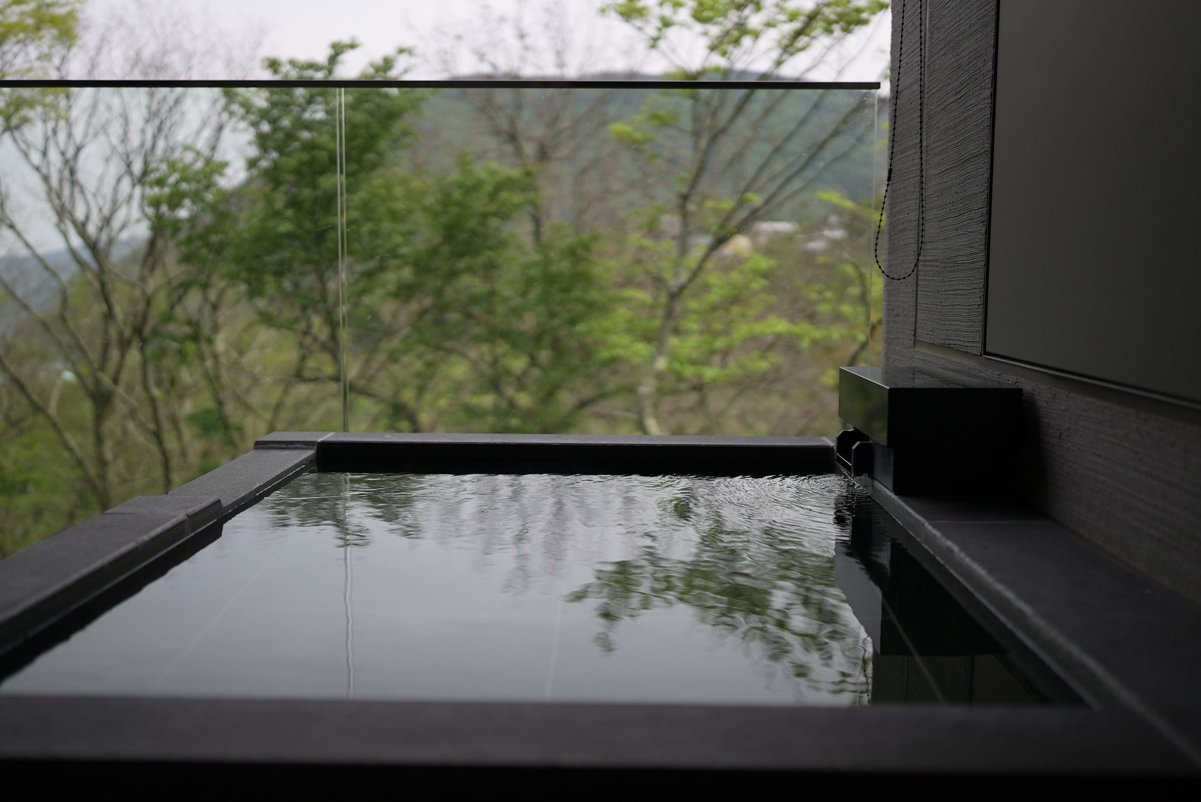 The room's private open-air bath, brimming beneath the foliage.