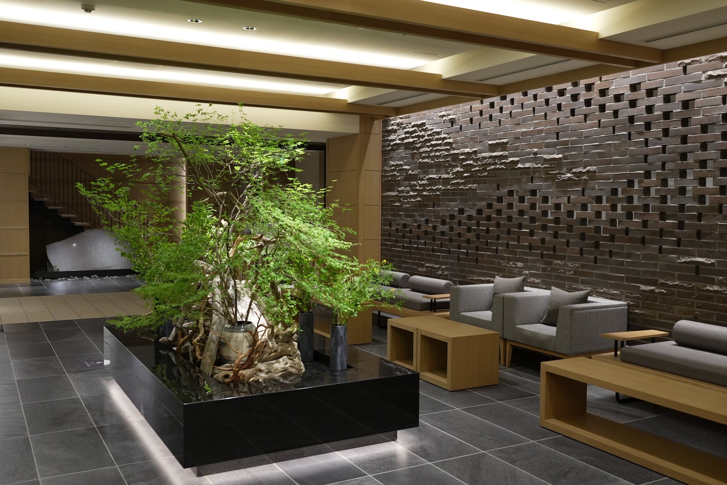 The lobby lounge, anchored by a sculptural planting beneath a textured stone wall.