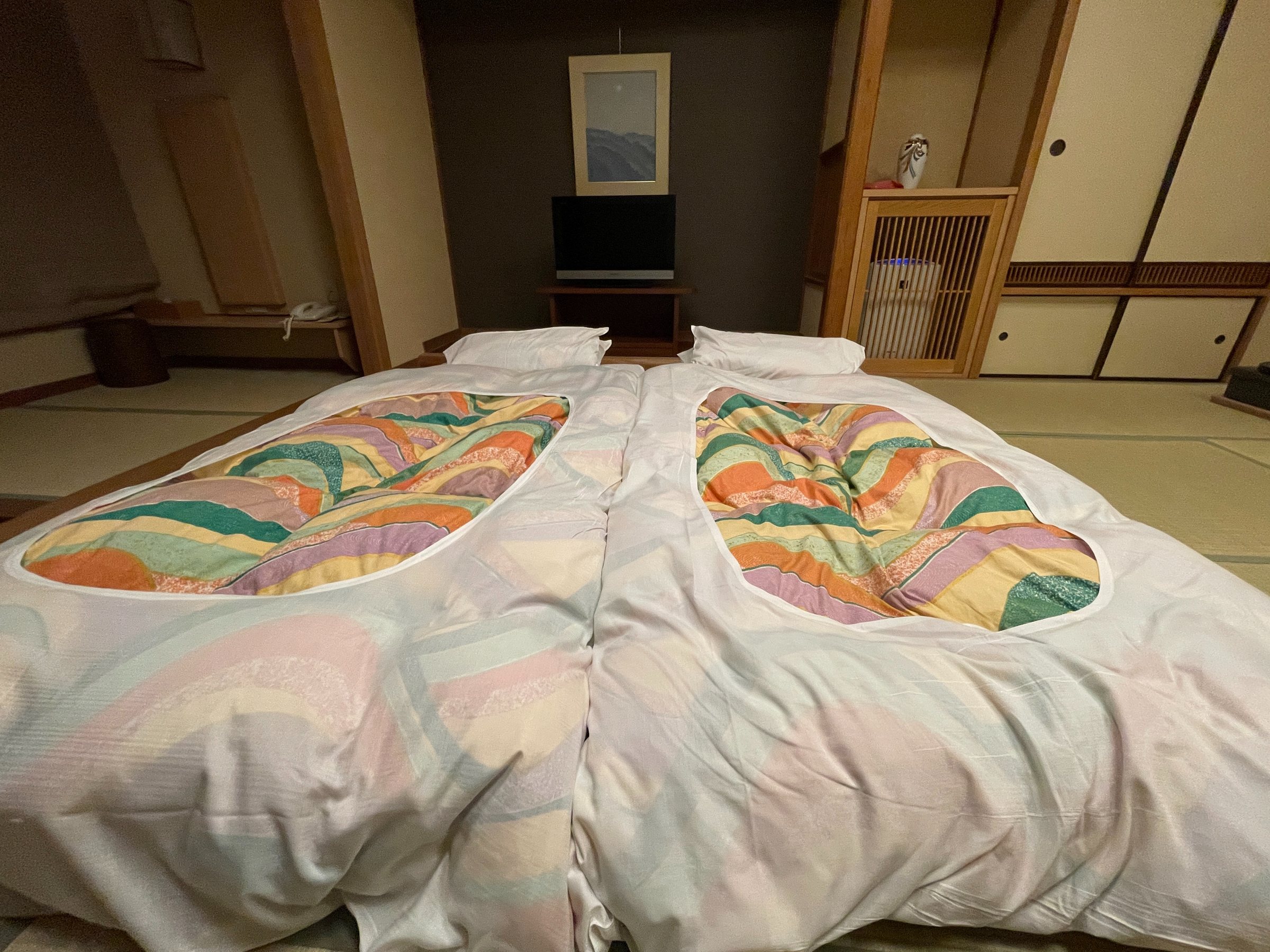 Futons laid out on the tatami for the night.