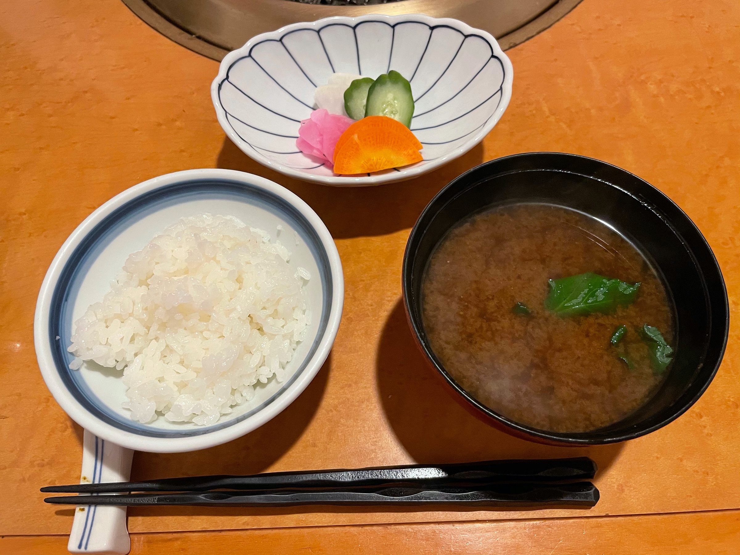 Rice, miso soup and pickles to close.