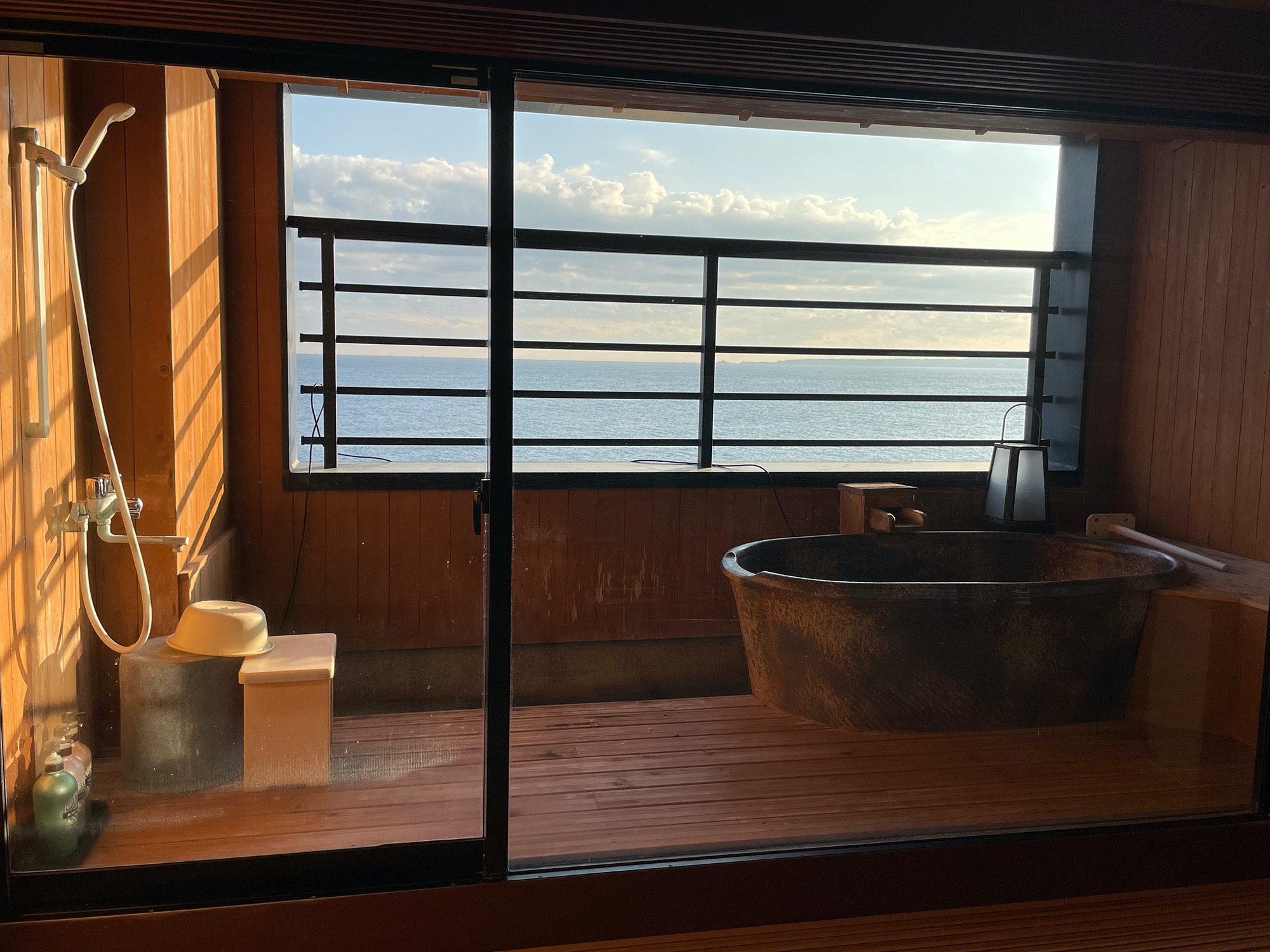 The terrace bath, with shower and washing area beside it.