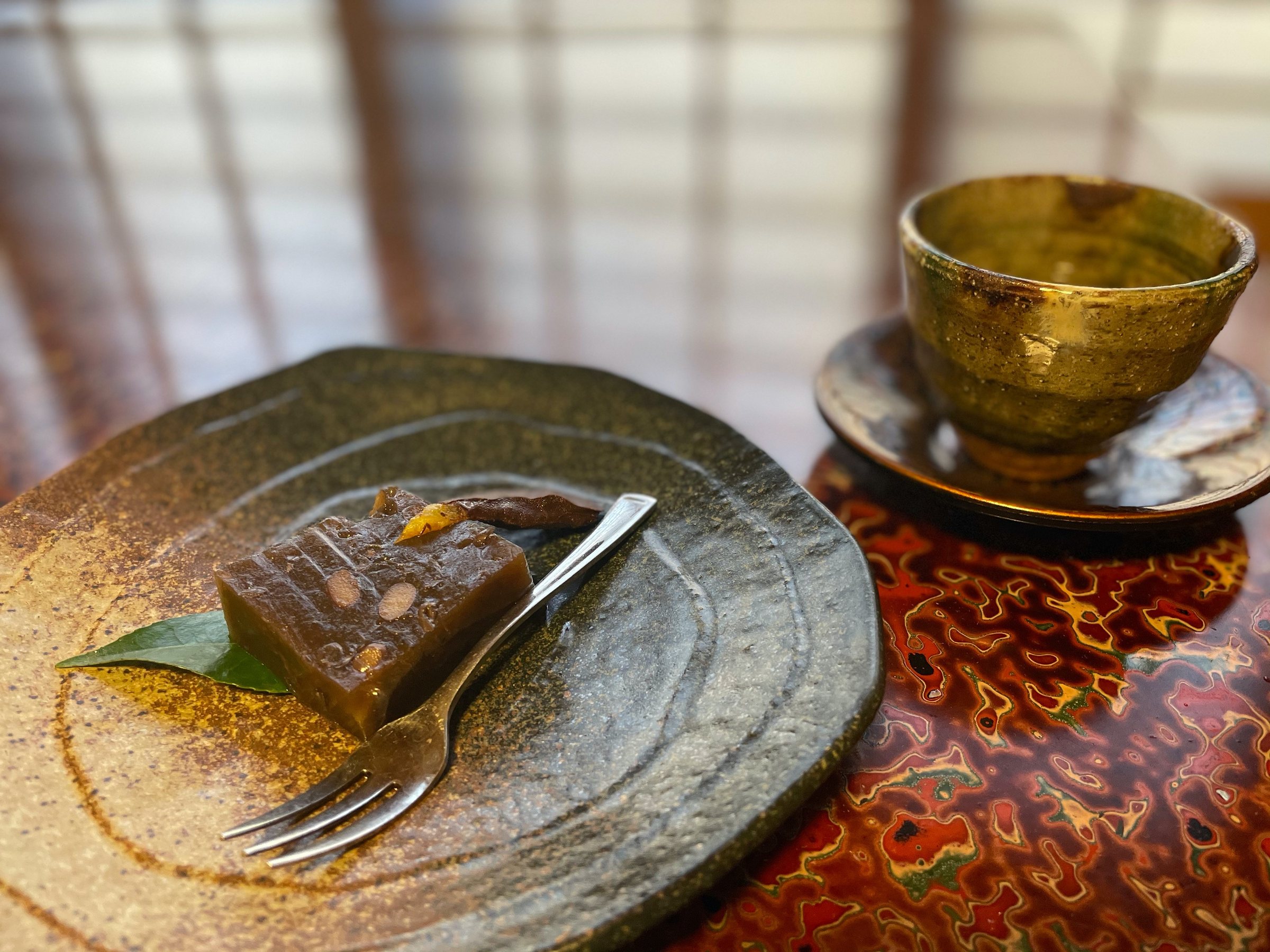 Handmade yokan and tea in the room.