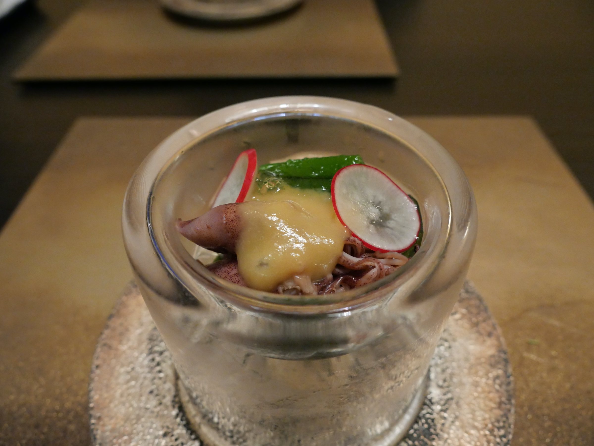 Firefly squid with vinegared miso, served in glass.