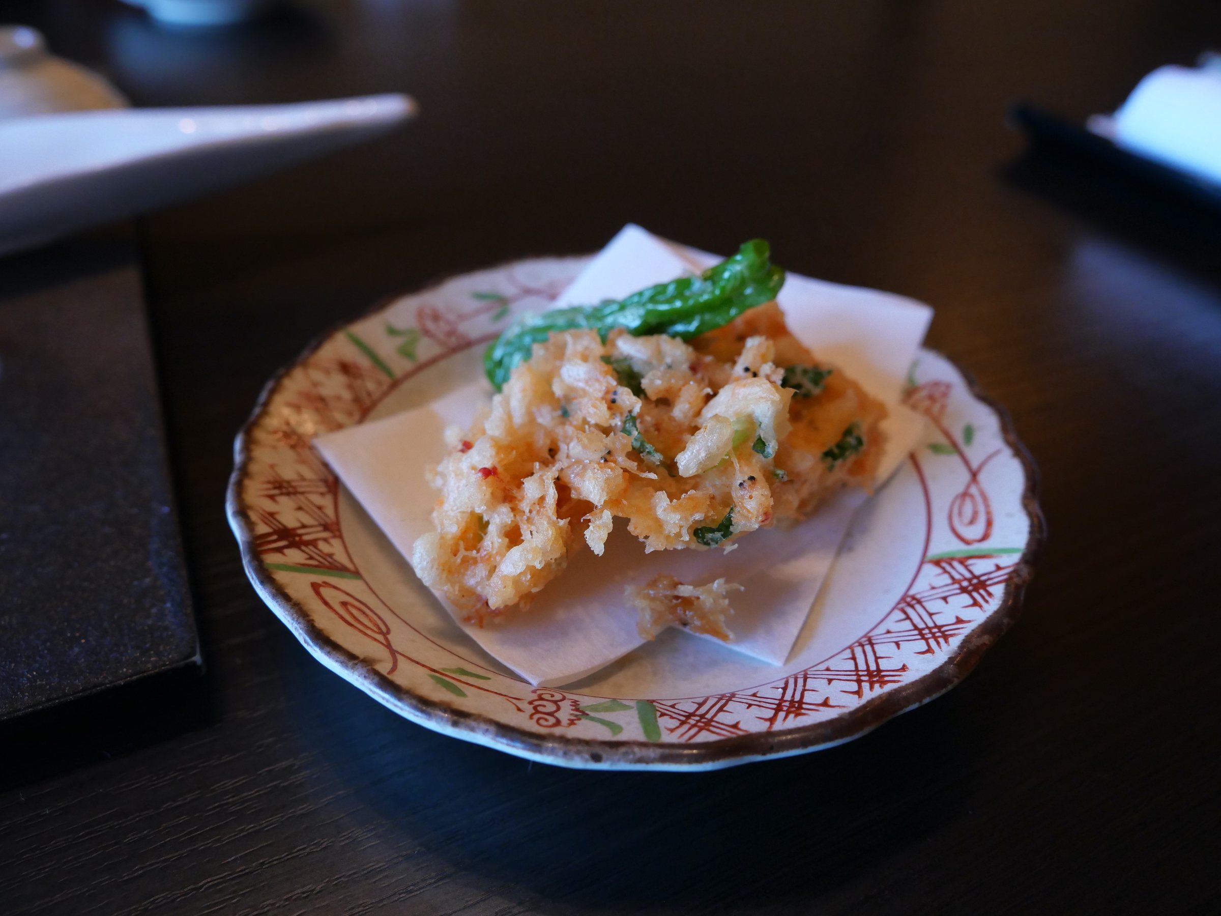 Crisp tempura of sakura shrimp.