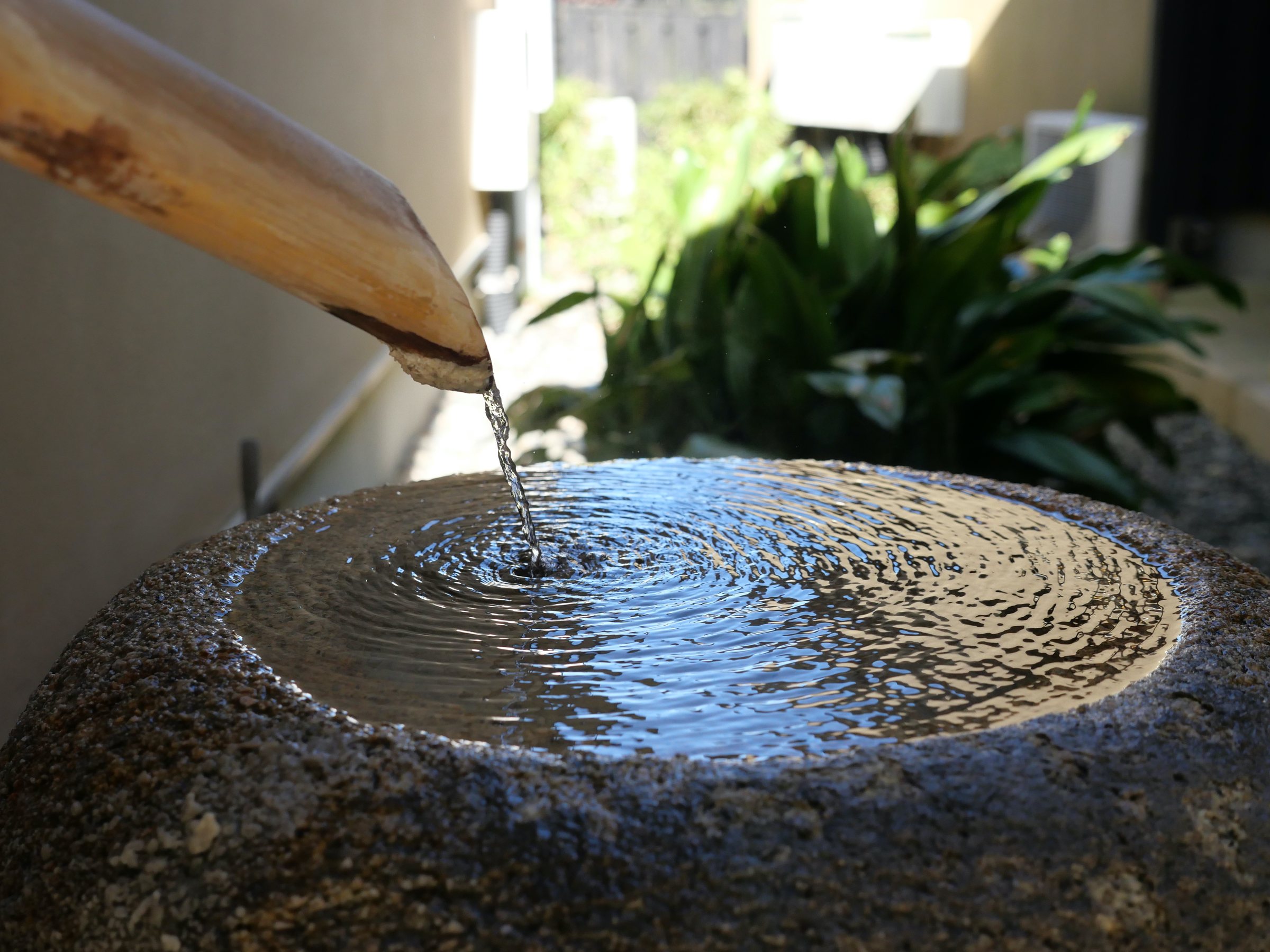 Water spilling from a bamboo spout into a stone basin.