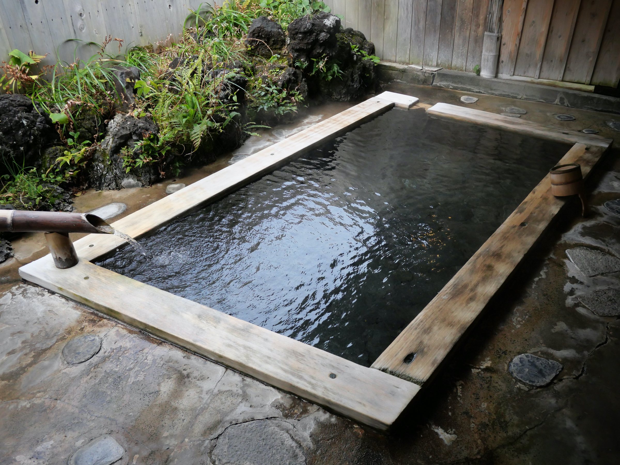 A private bath: a stone-edged pool, a bamboo spout and ferns on the rock wall.