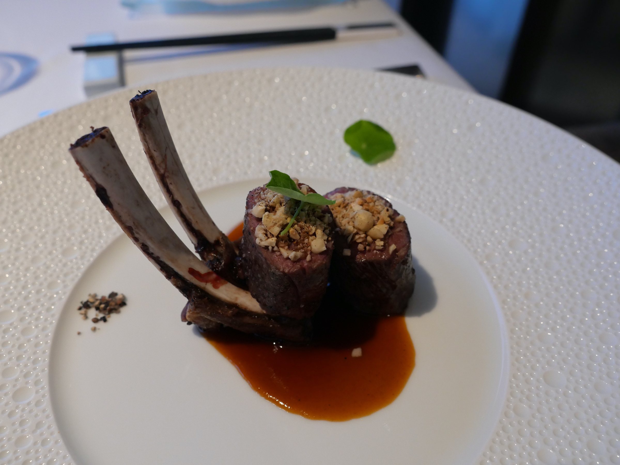 Rack of lamb, served rare.