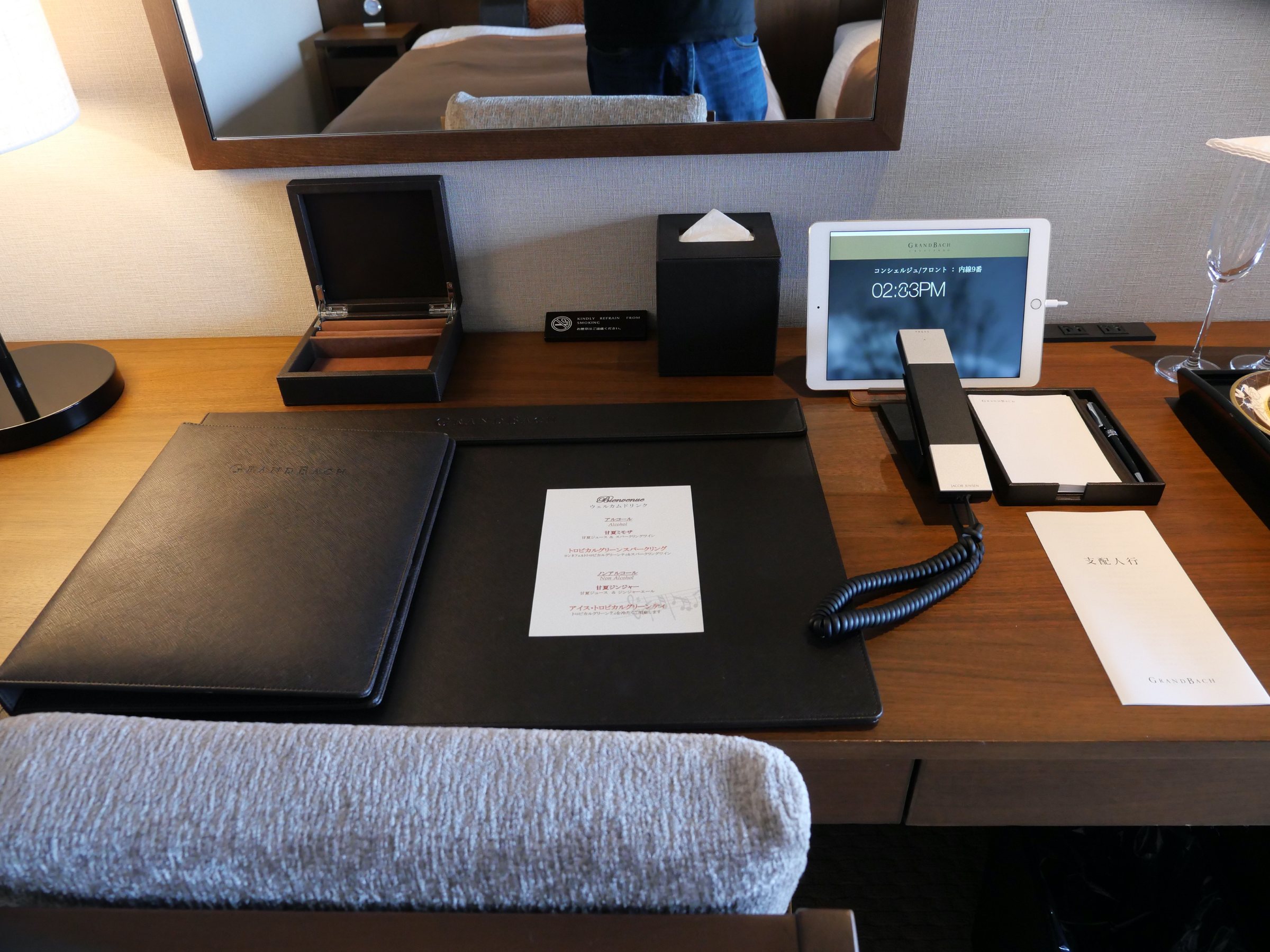 The writing desk, with the in-room tablet for ordering.