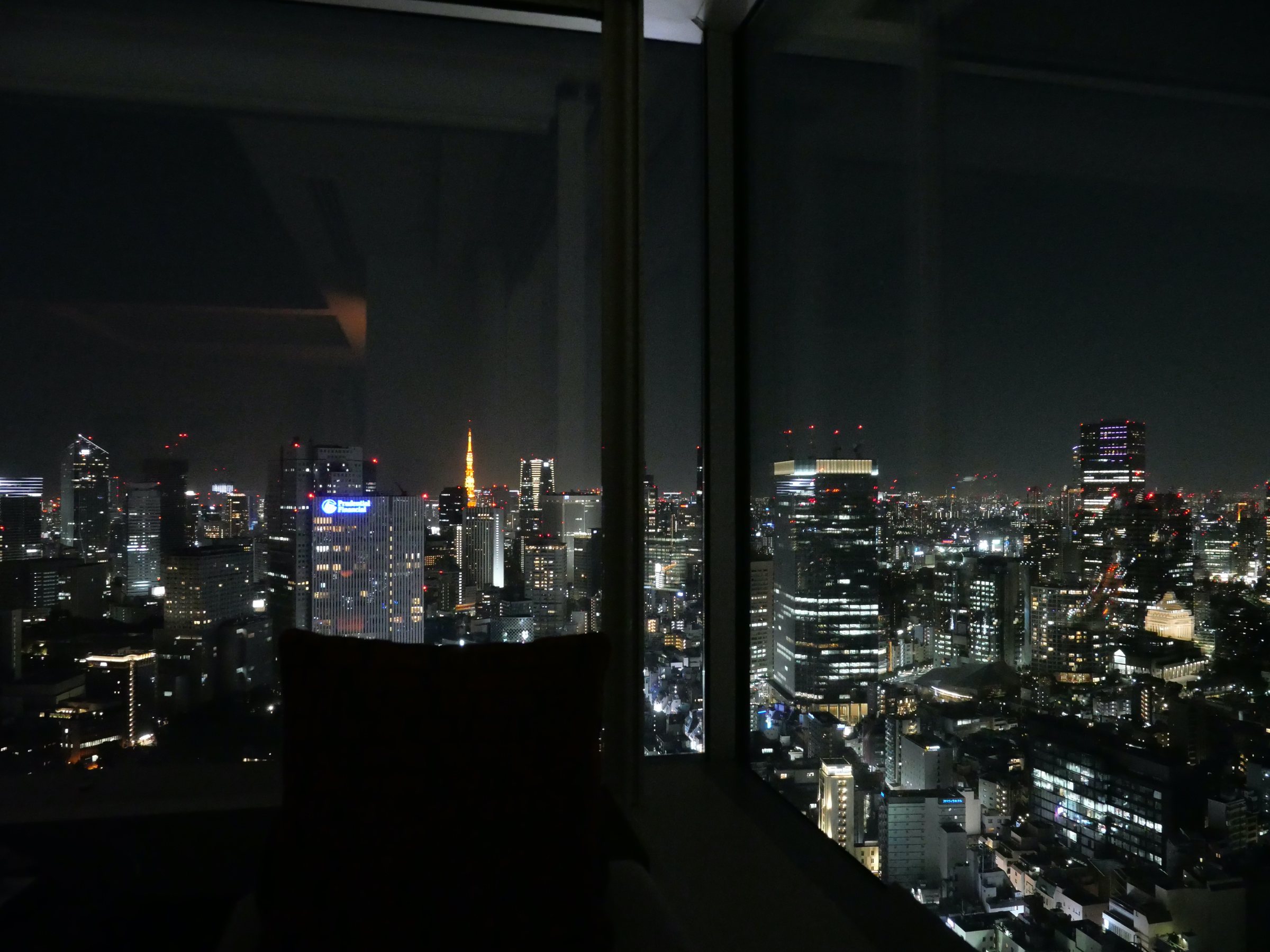 The night city from a corner window.