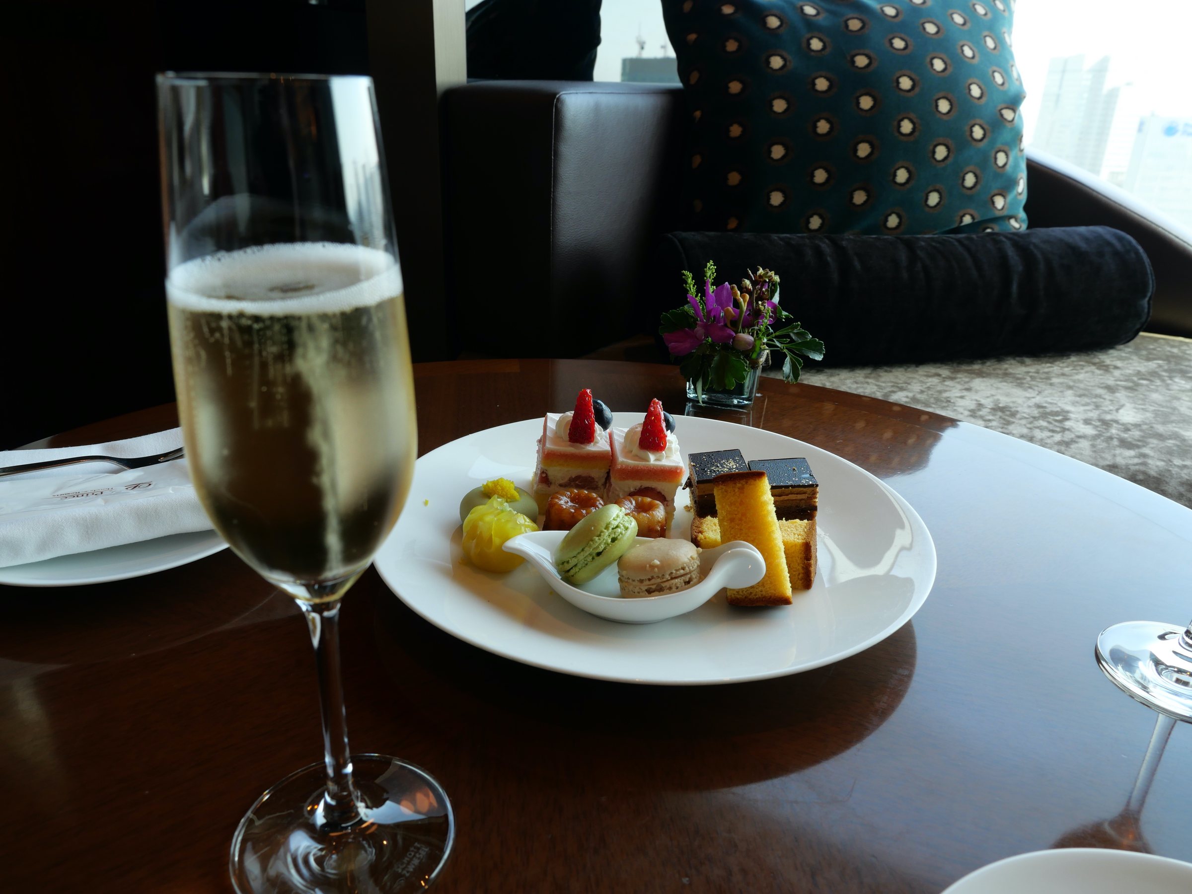 Welcome champagne and a plate of sweets.