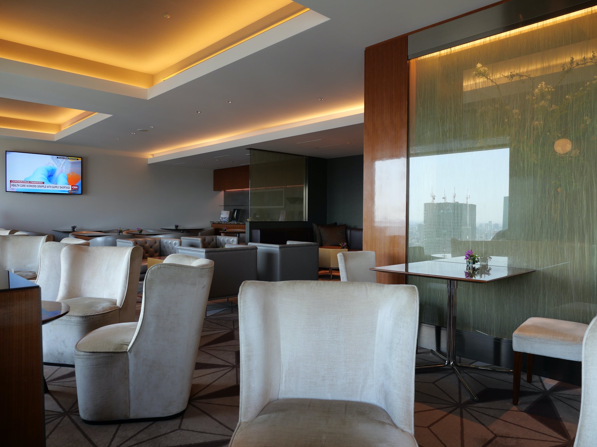 The club lounge, its armchairs facing the window.