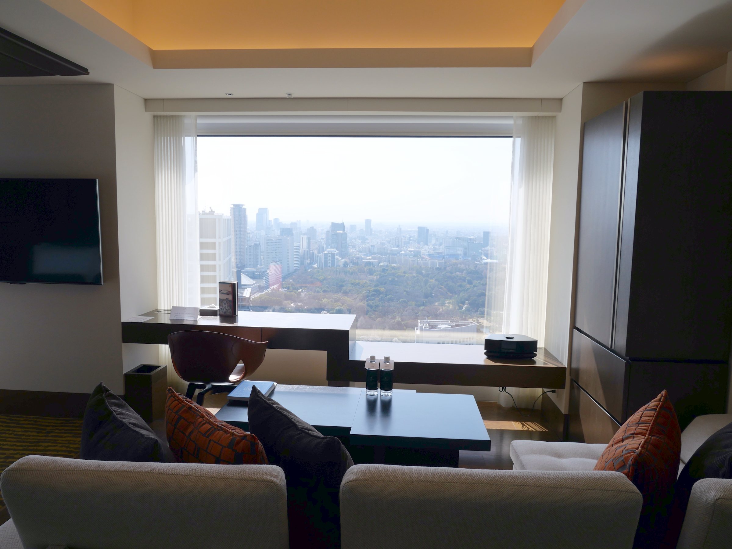 The sitting area, looking out over parkland.