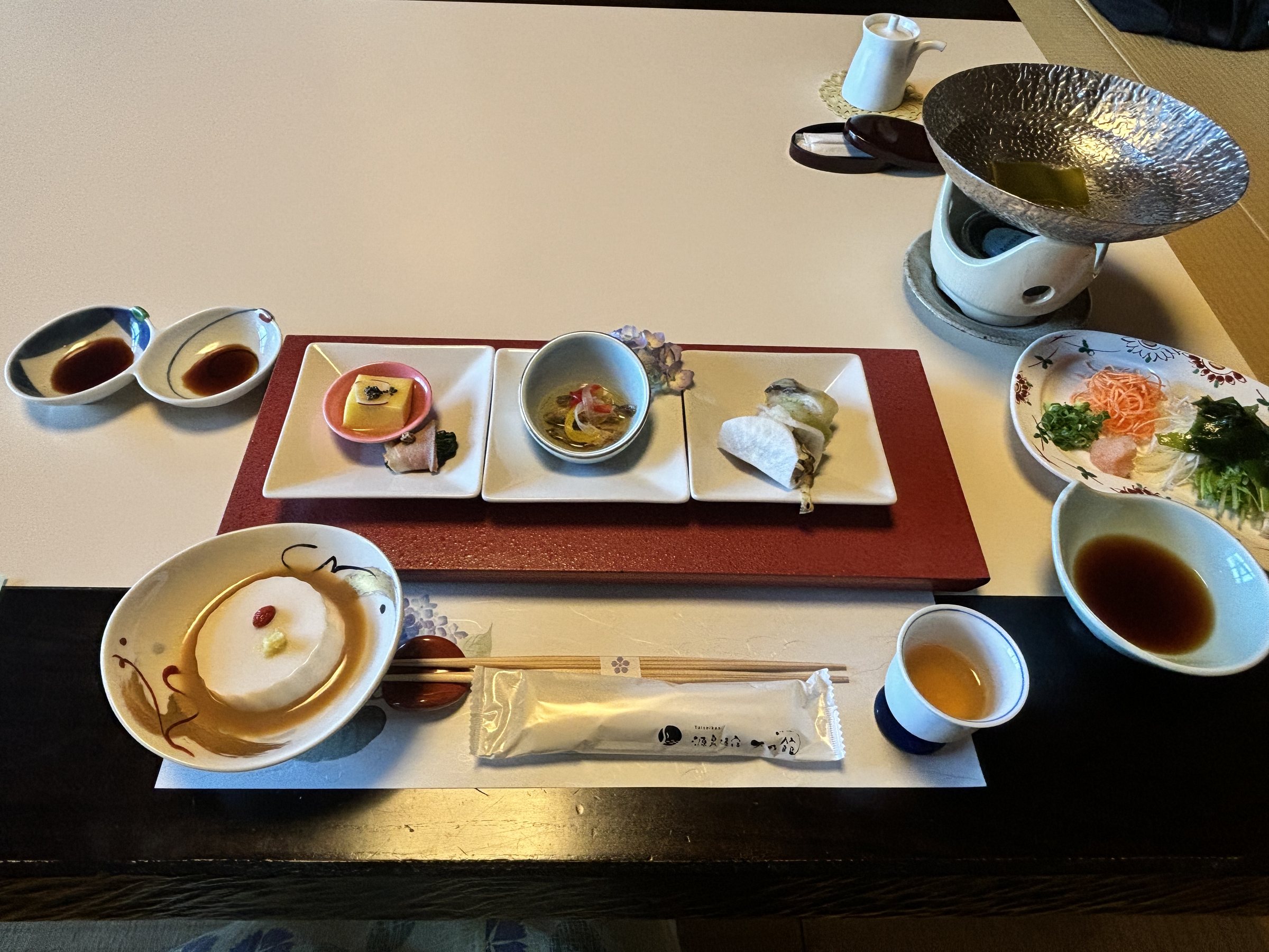 The table set for dinner.