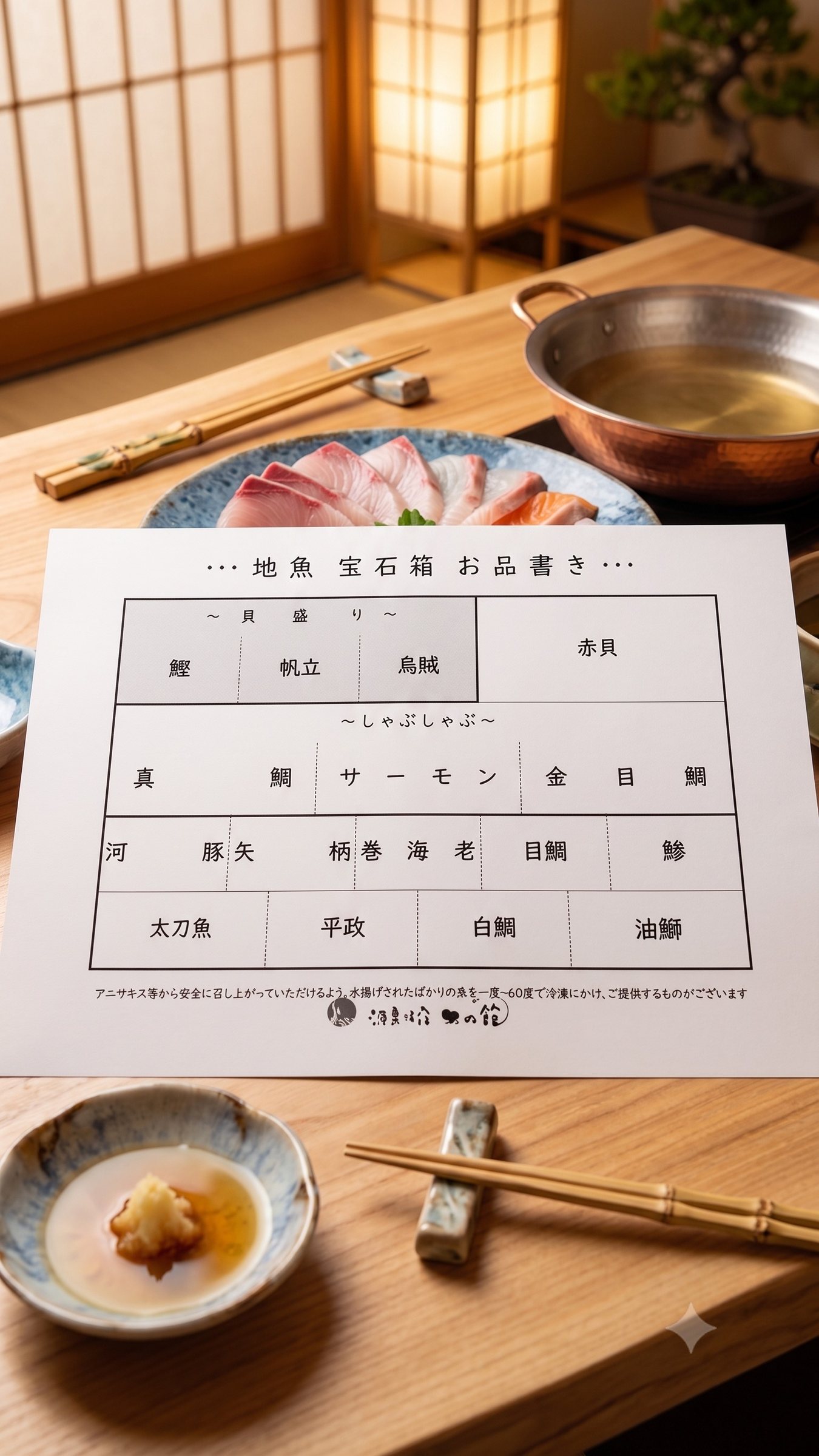 The menu card for the “treasure box” of local fish, with a separate list for shabu-shabu.