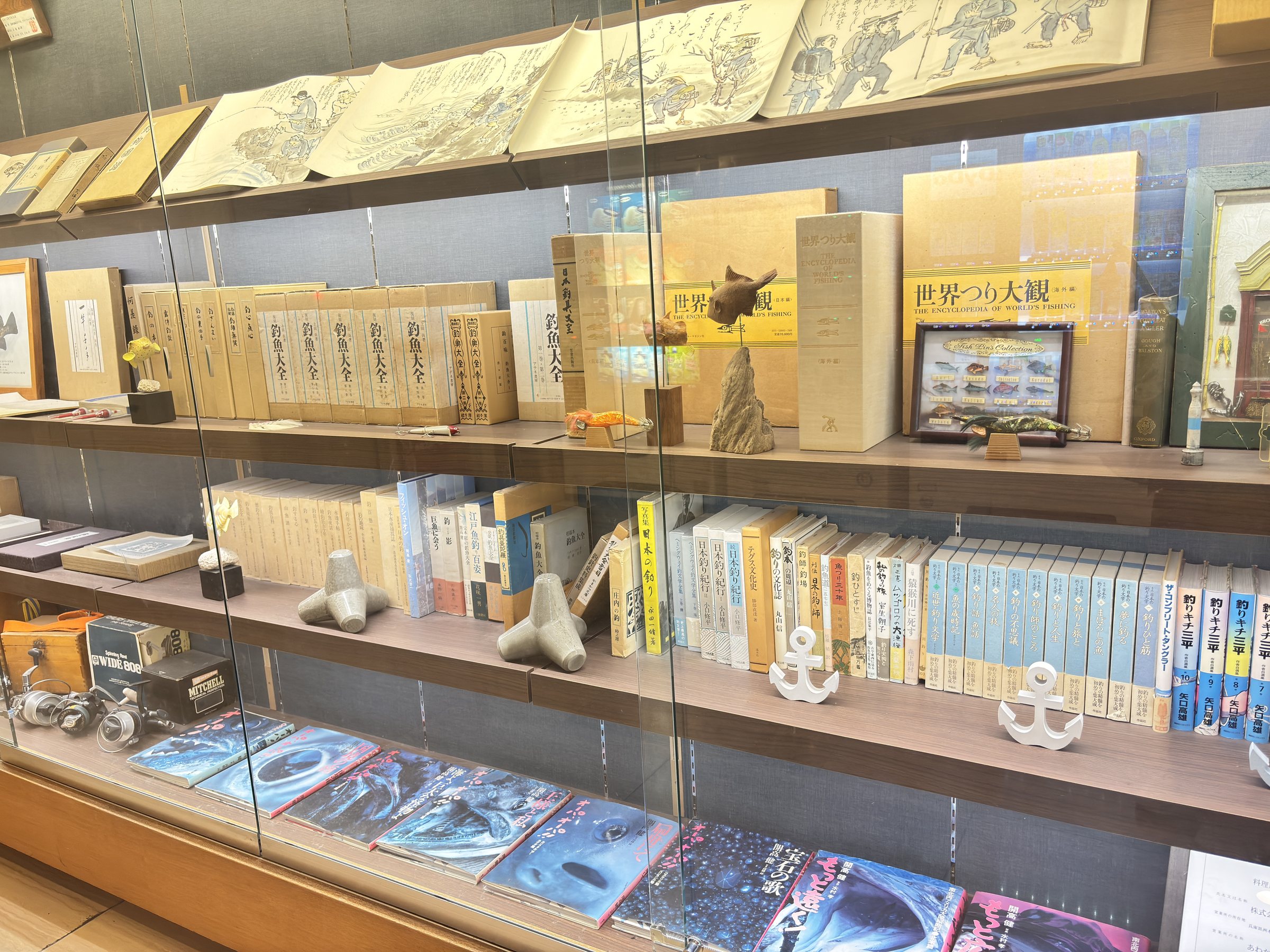 Shelves of books on fish and fishing.