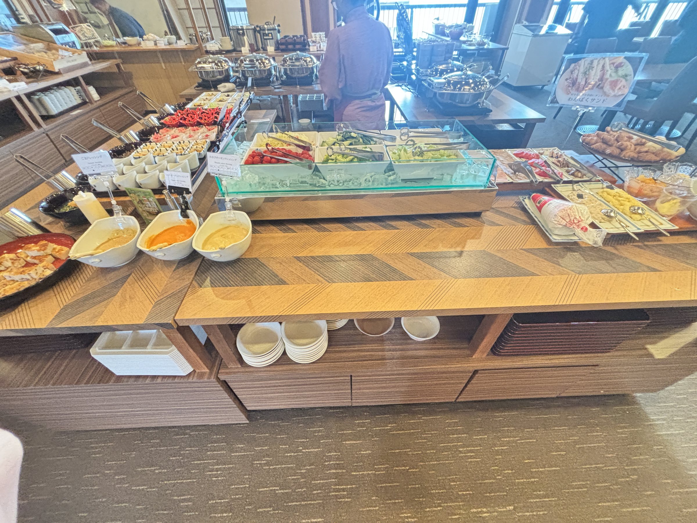 The breakfast buffet in the morning light.