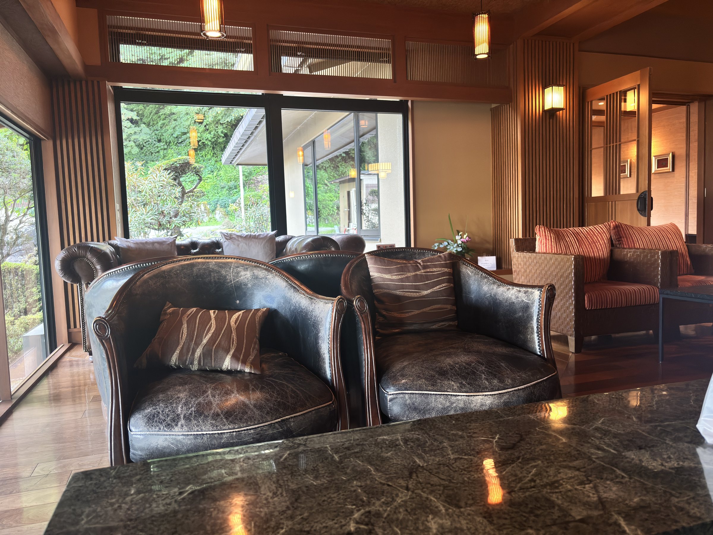 The lounge: deep leather armchairs, warm wood and tall windows onto the greenery.
