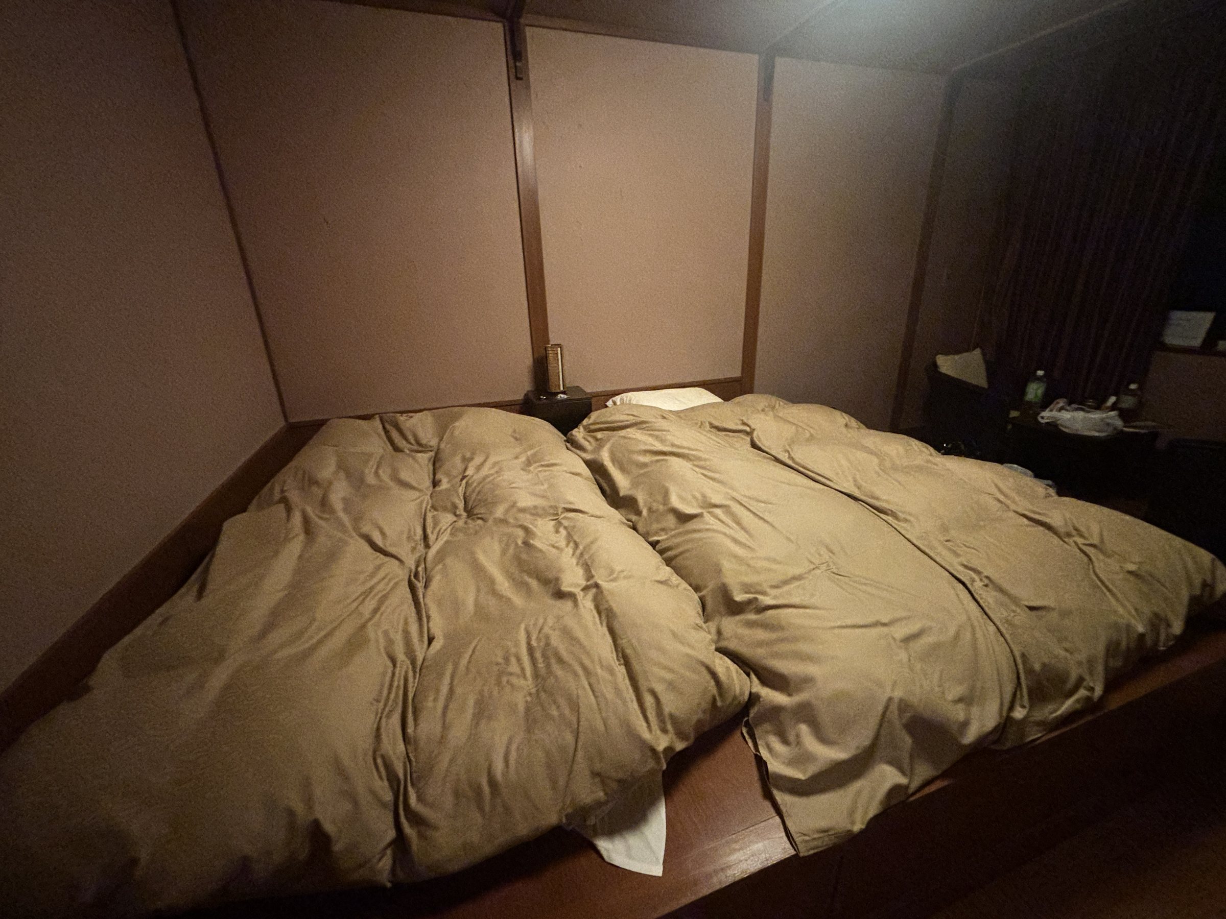 Twin beds set on a raised platform in the Japanese-style room.