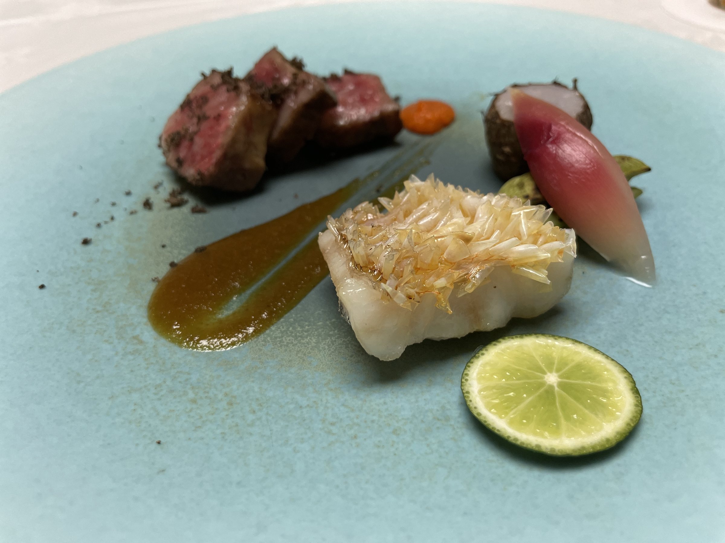 Amadai grilled with its scales on, and Wakasa beef.