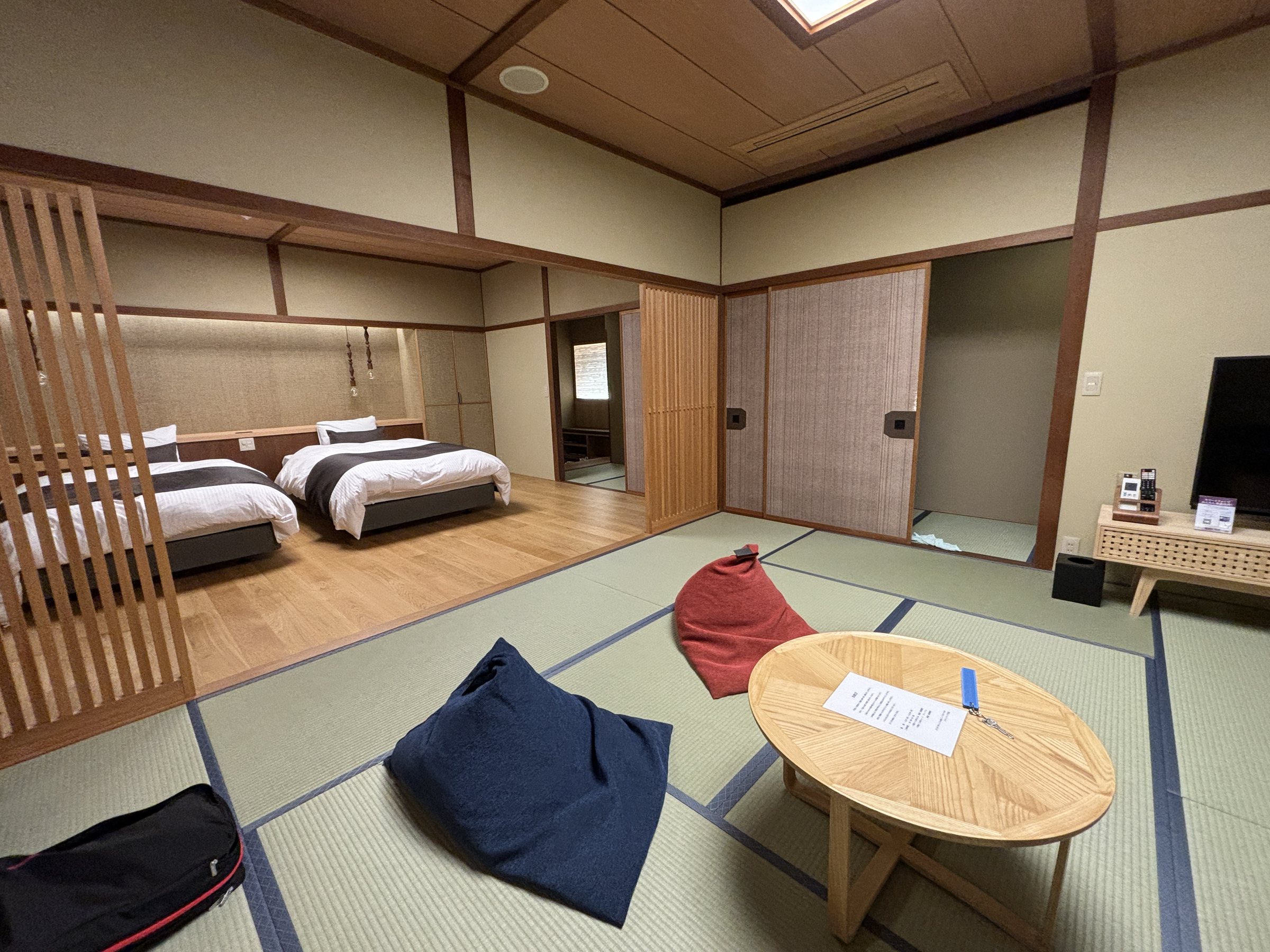 The tatami area, with floor cushions and a low round table.
