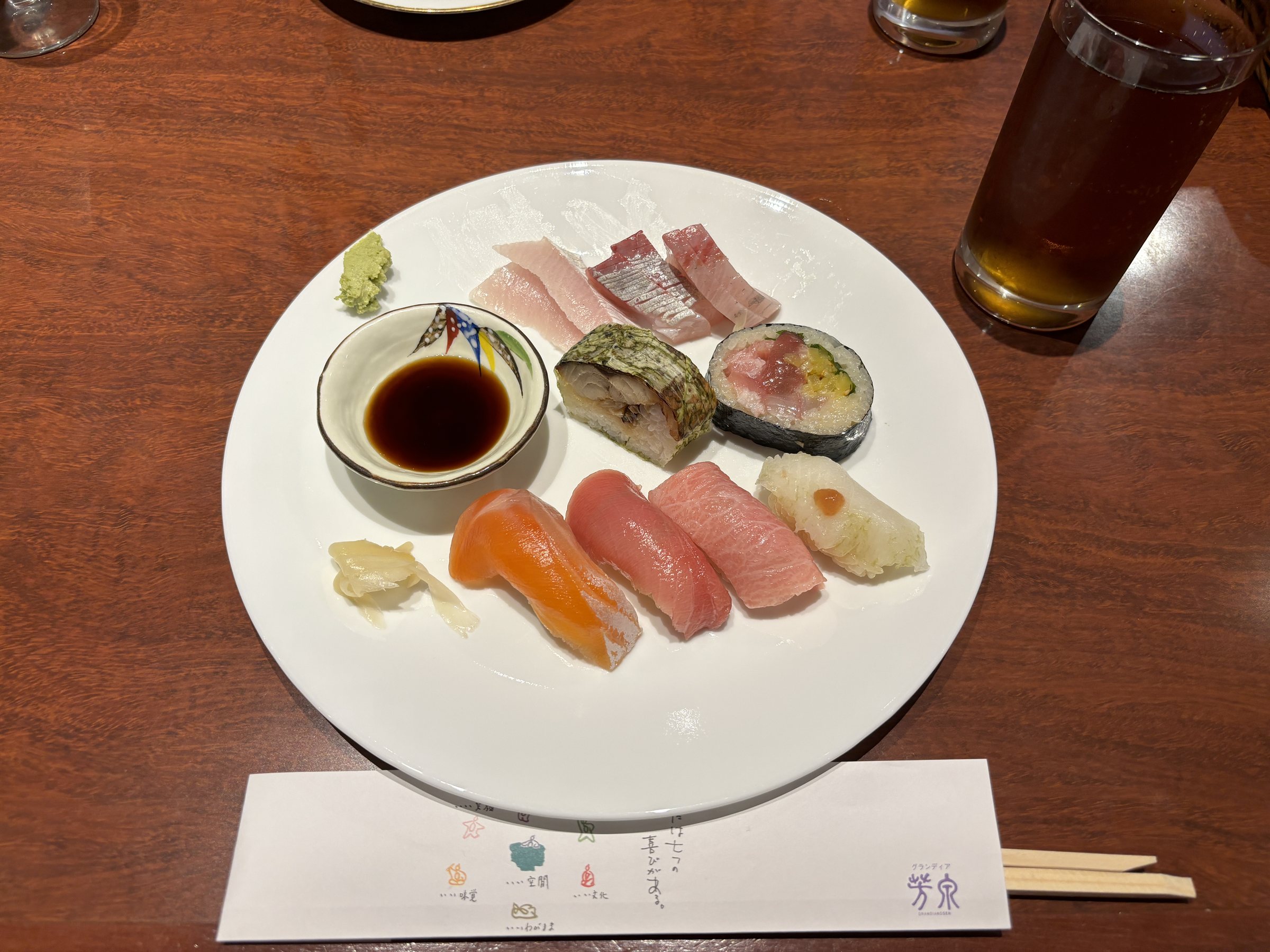 Our plate of sushi and sashimi.