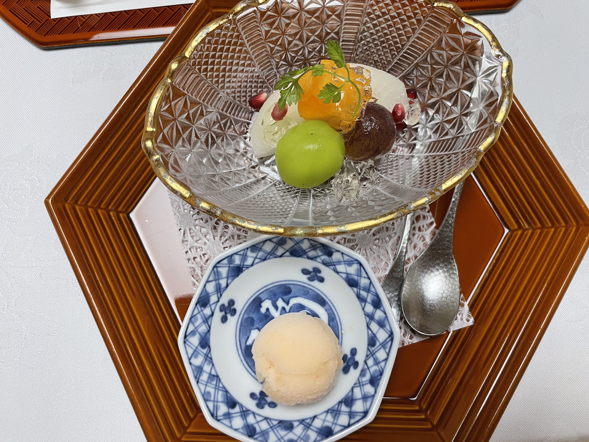 Dessert: fresh fruit and sorbet in a cut-glass bowl.