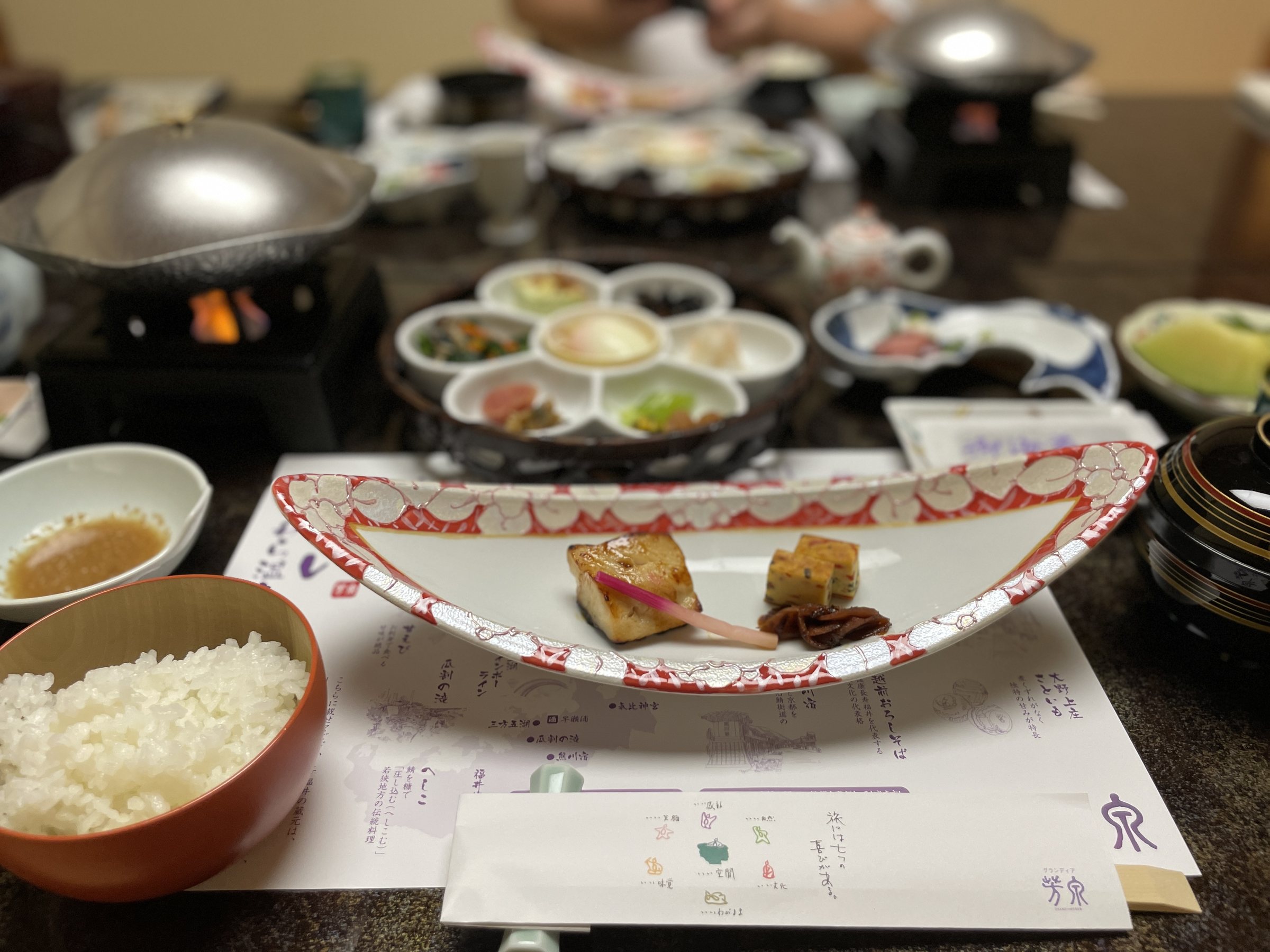 Rice, grilled dishes and a small hotpot at breakfast.