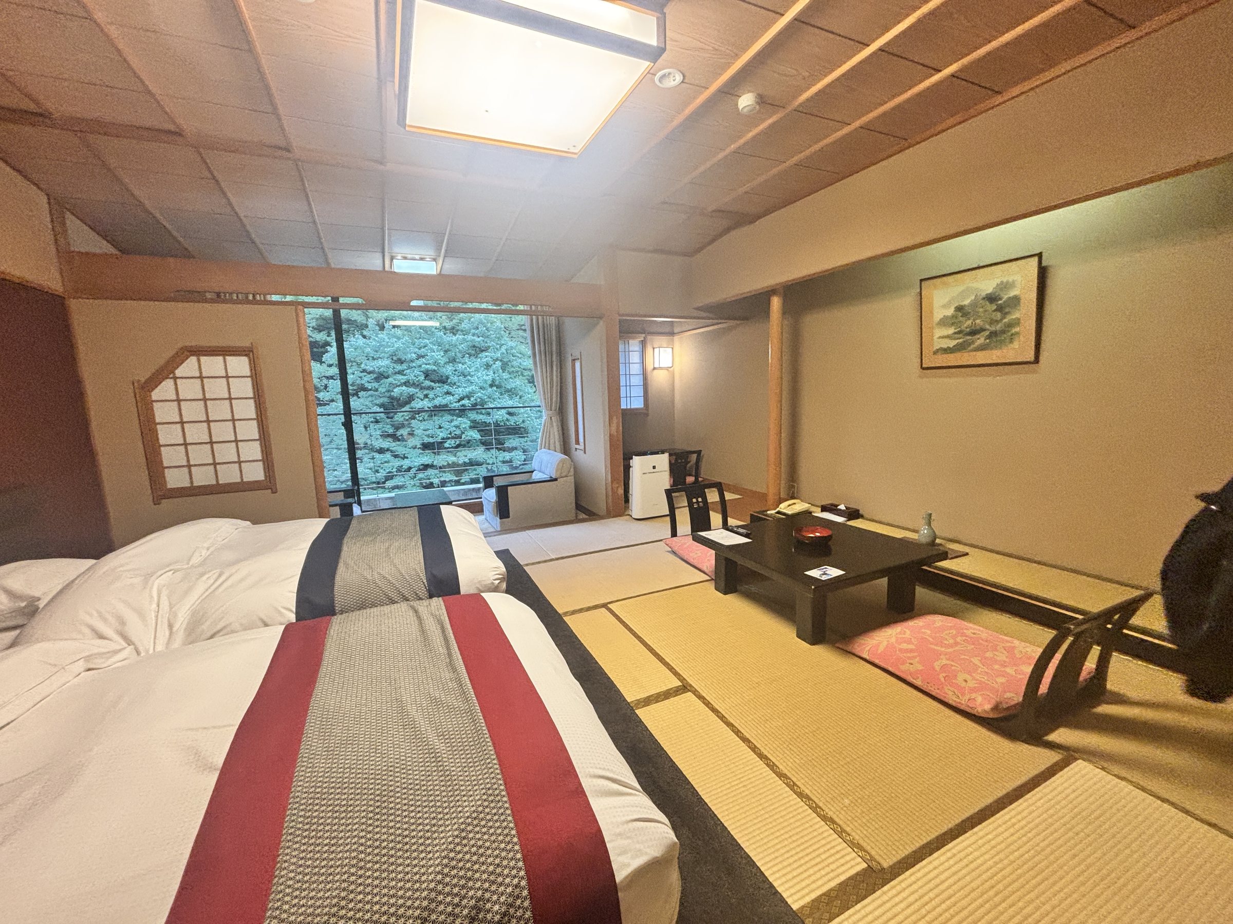 The room: twin beds on tatami, with the wooded valley beyond the window.