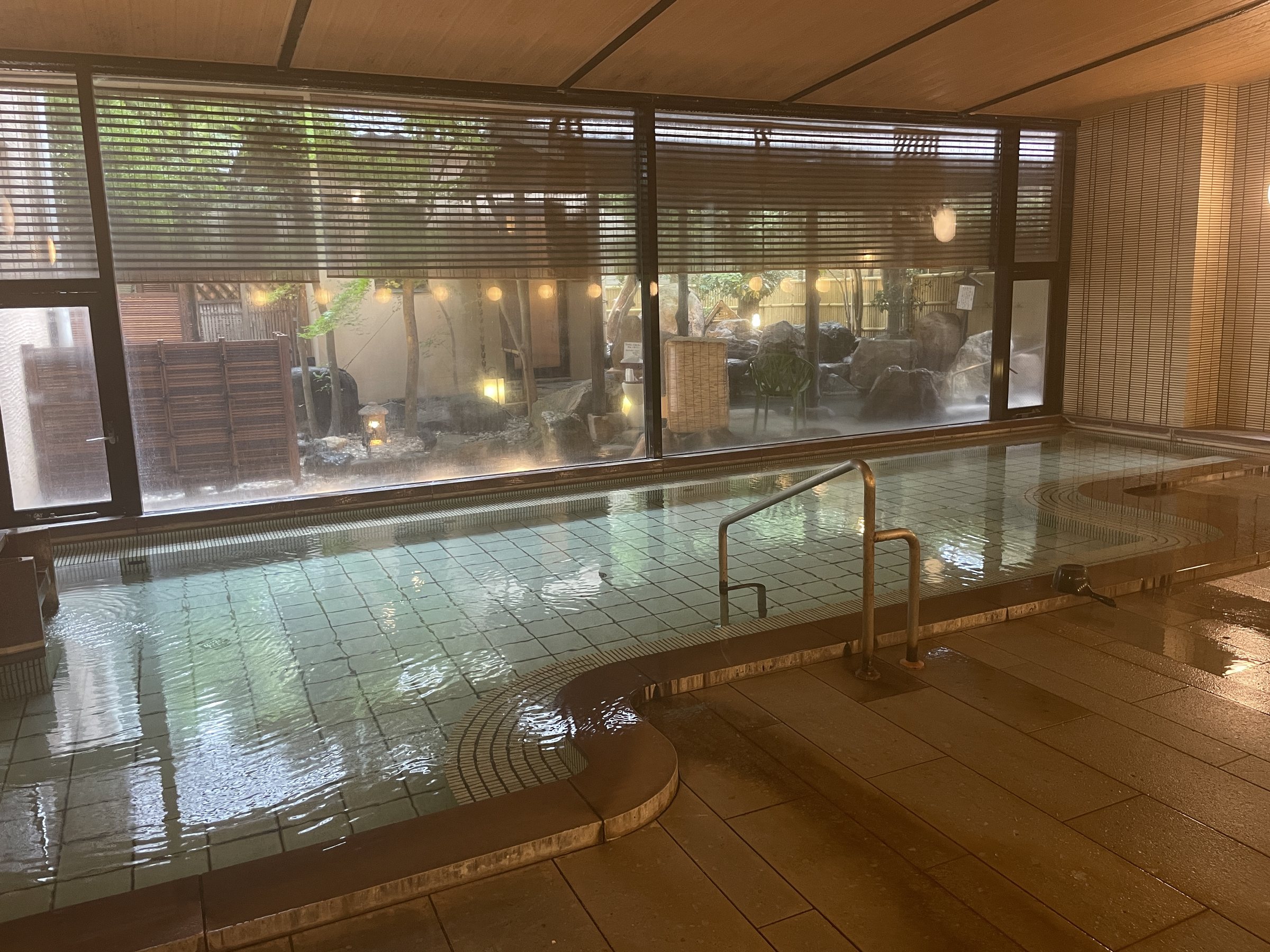The spacious indoor bath, with a wall of windows onto the garden.