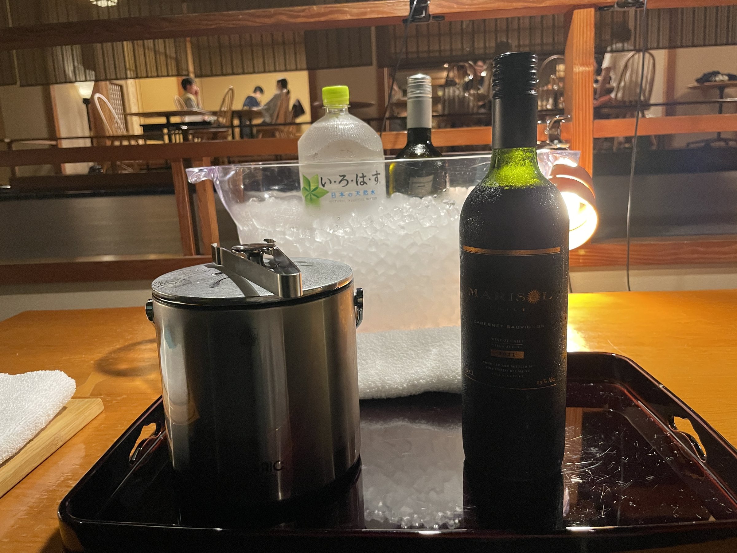Complimentary wine and sake on ice after dinner.